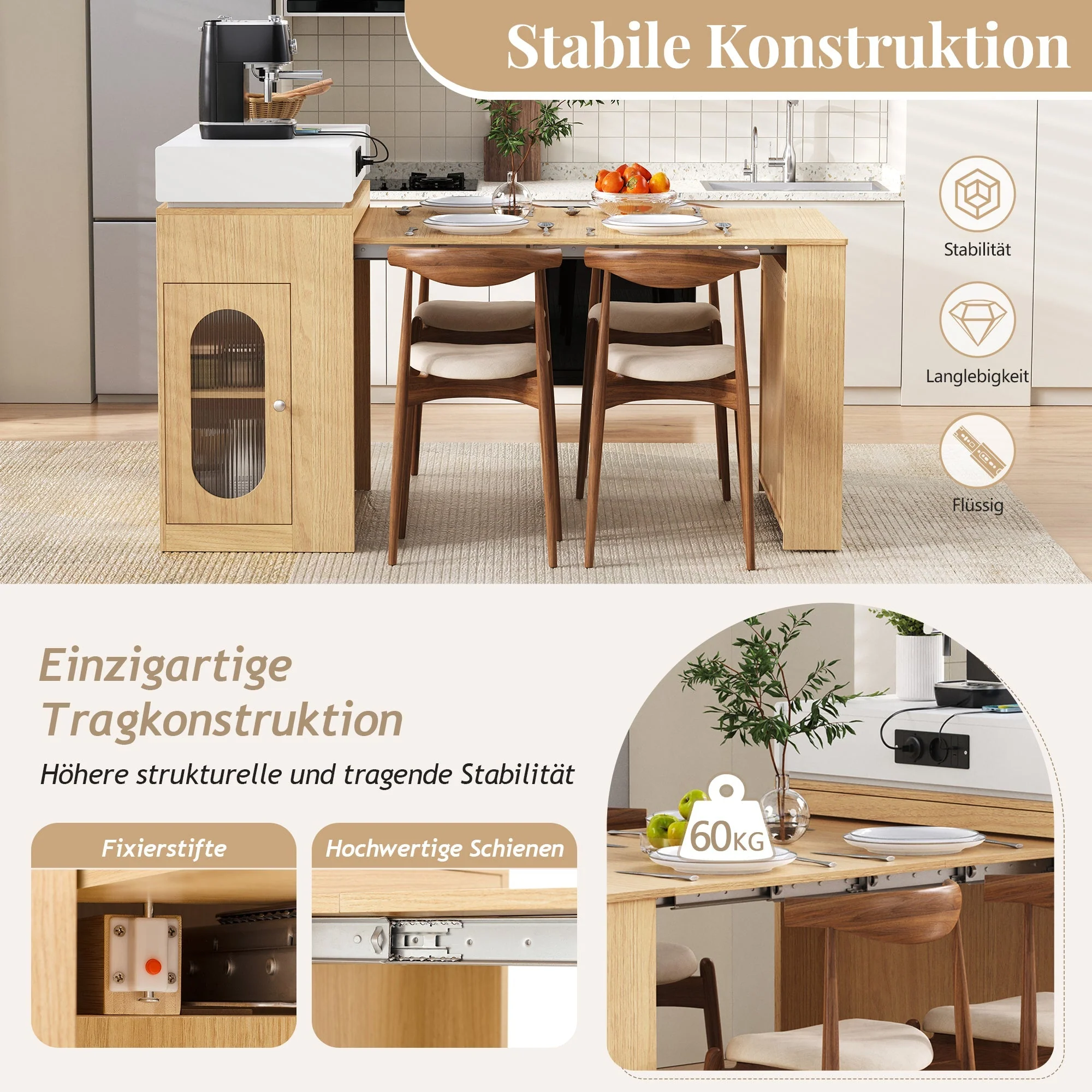 Kitchen Island on Wheels Extendable Dining Table Power Strips & Hooks - Natural - Image 8