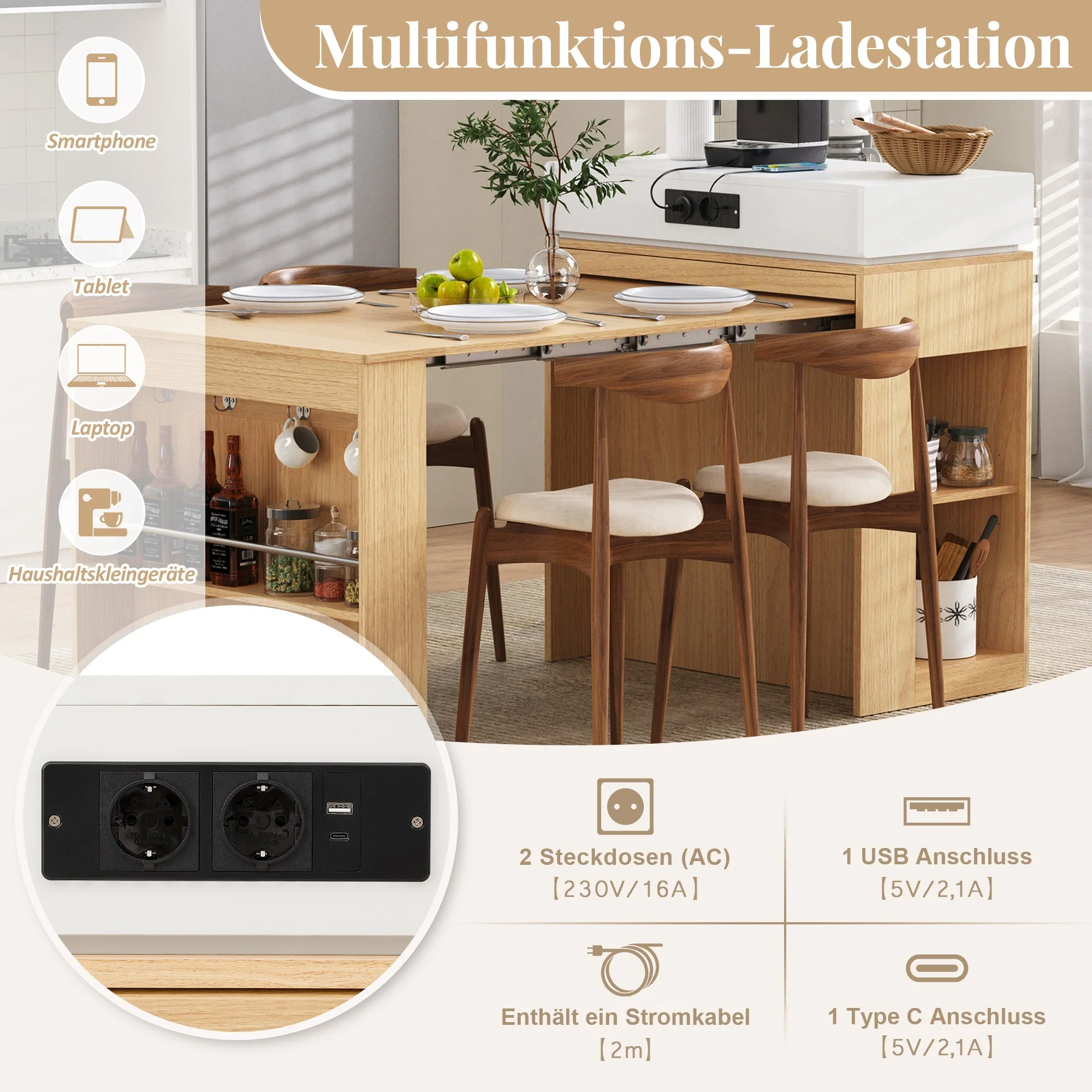 Kitchen Island on Wheels Extendable Dining Table Power Strips & Hooks - Natural - Image 9