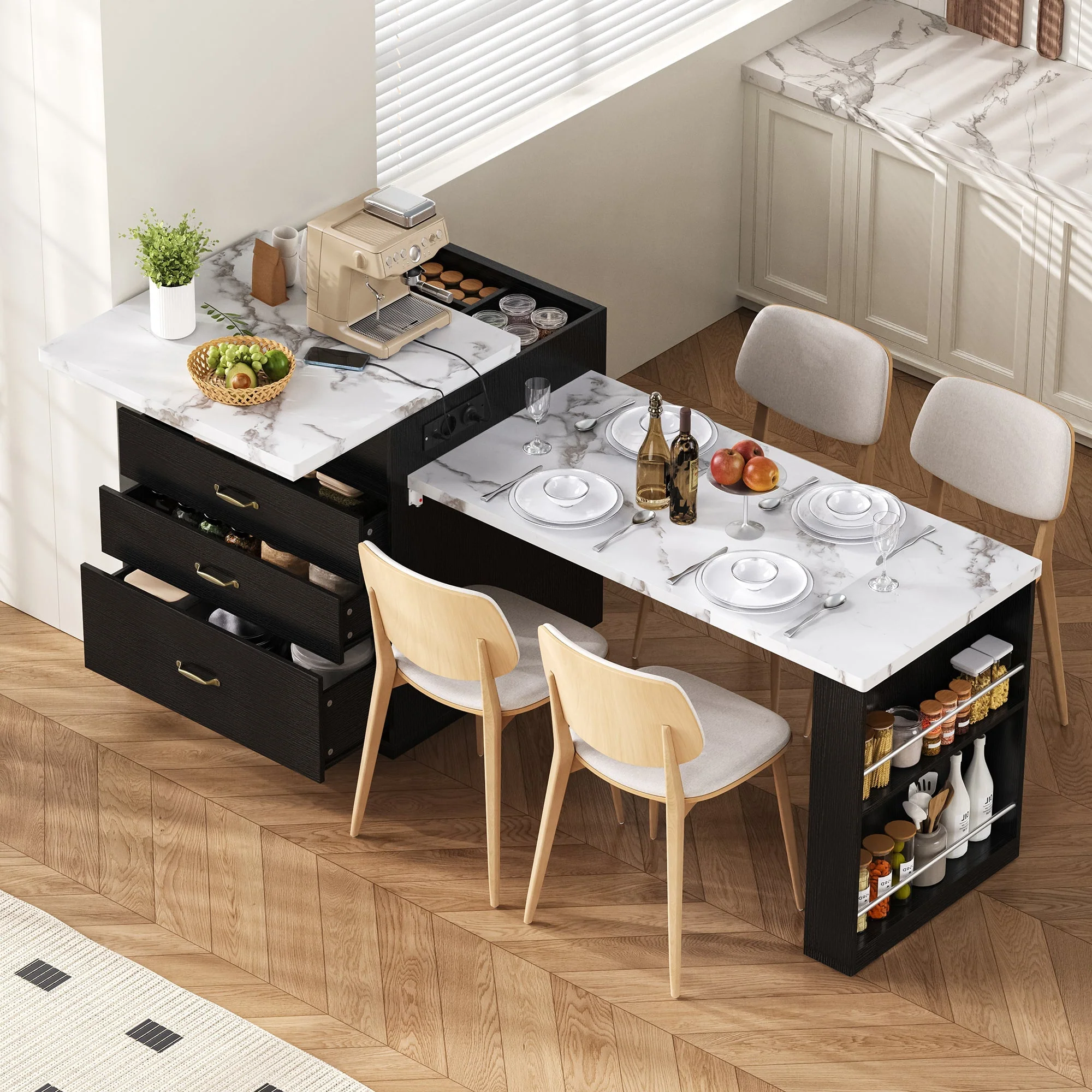 Kitchen Island on Wheels Extendable Table with LED & Power Strips Black - Image 2