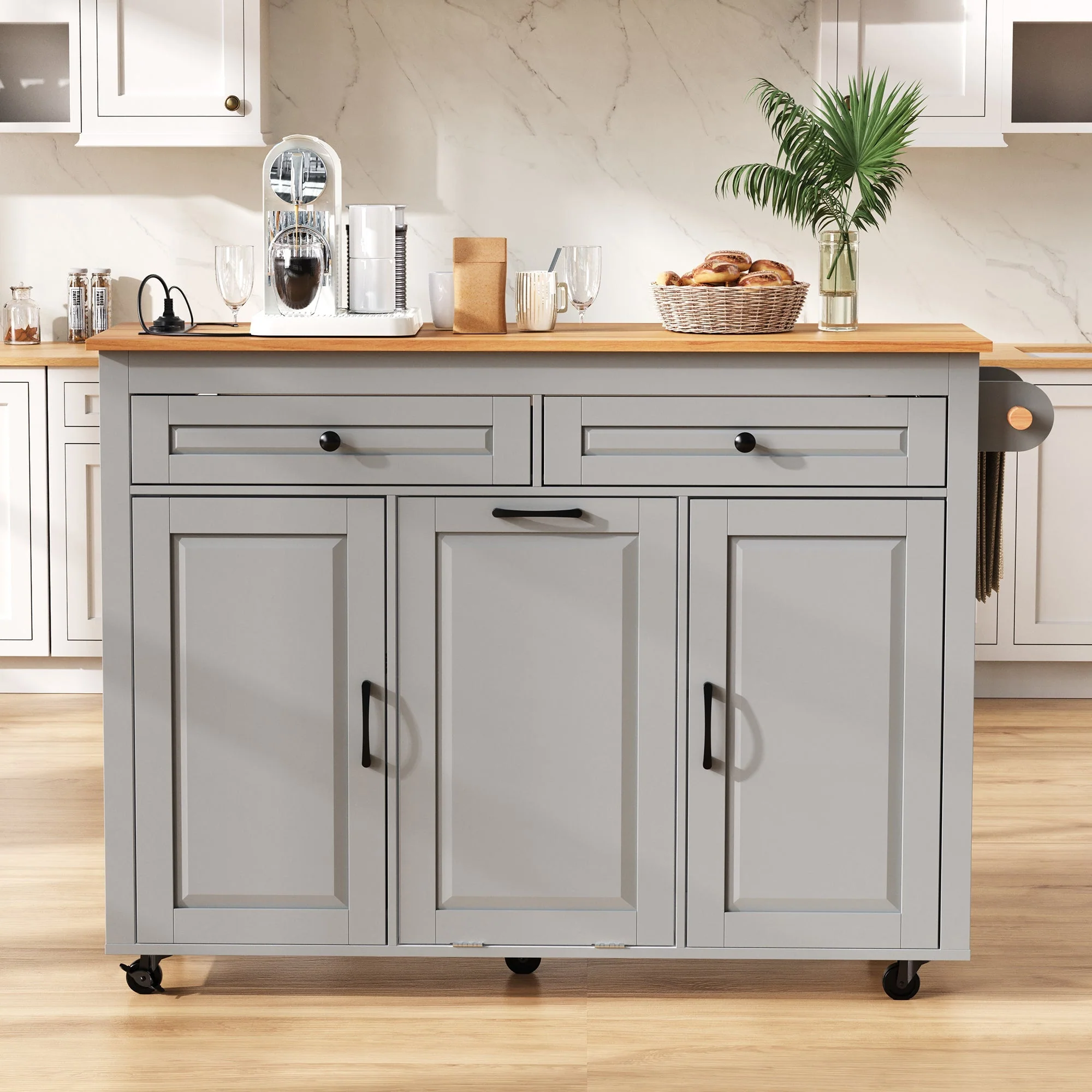Kitchen Island on Wheels Extendable Worktop Waste Bin Power Strips - Grey - Image 3