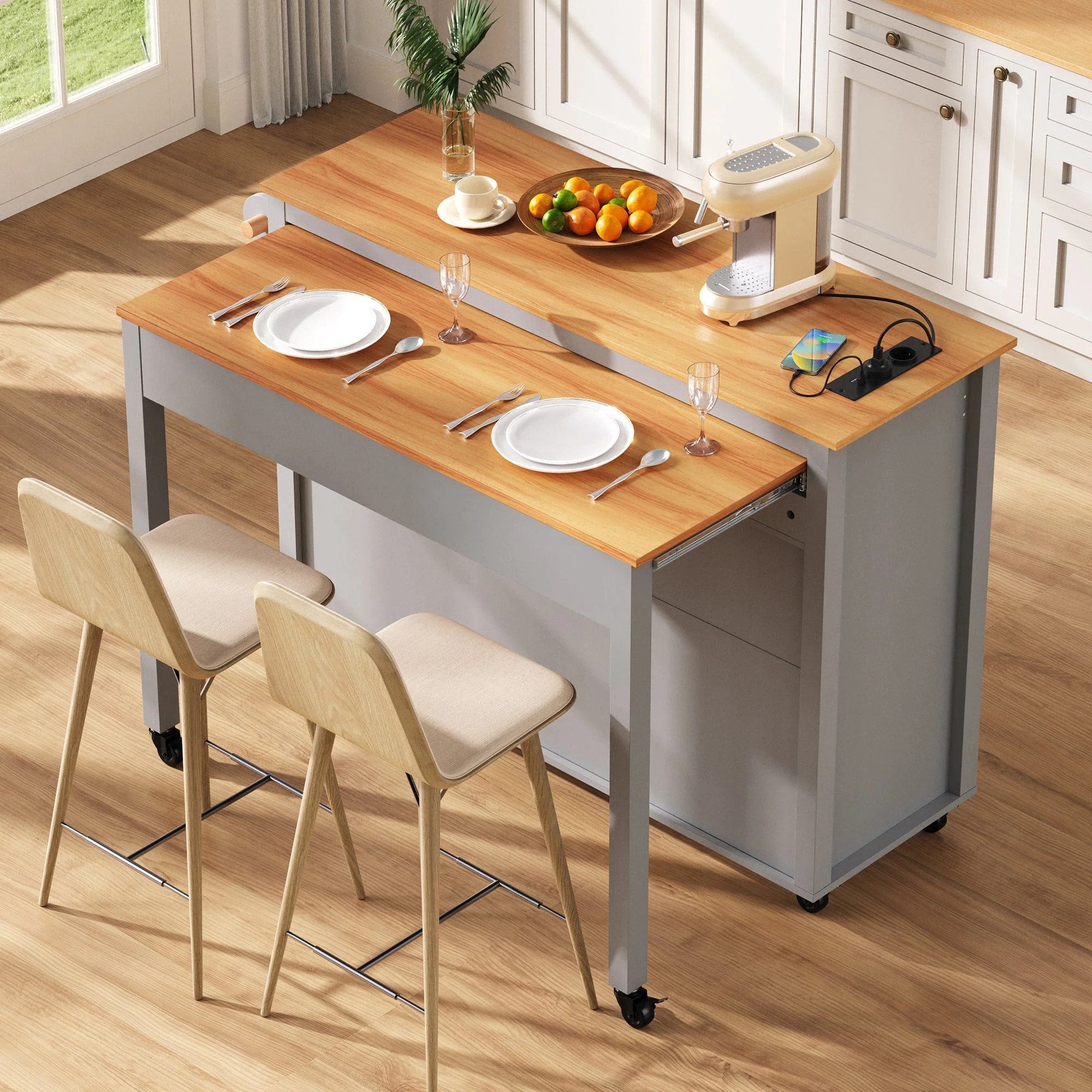 Kitchen Island on Wheels Extendable Worktop Waste Bin Power Strips - Grey - Image 4