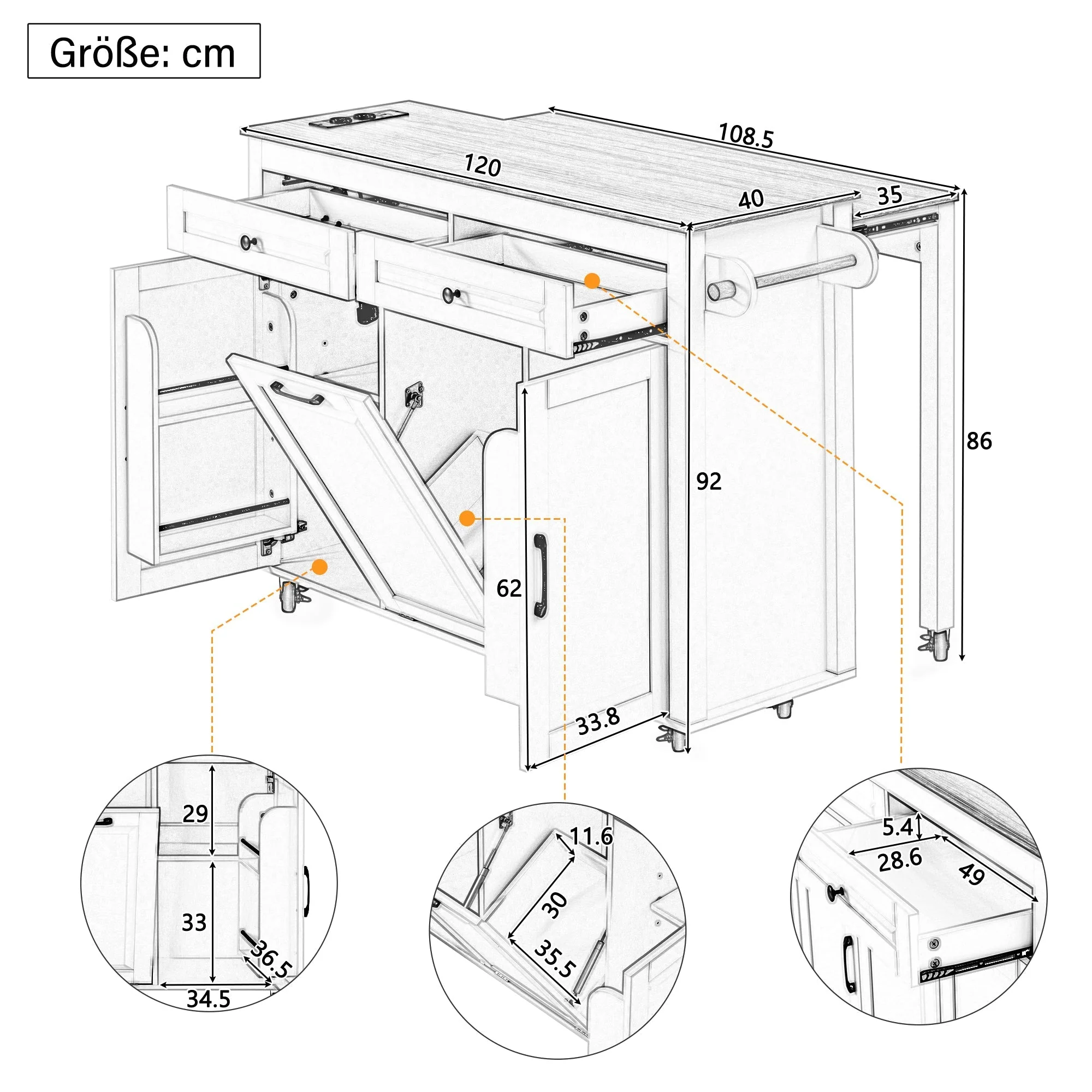 Kitchen Island on Wheels Extendable Worktop Waste Bin Power Strips - Grey - Image 5