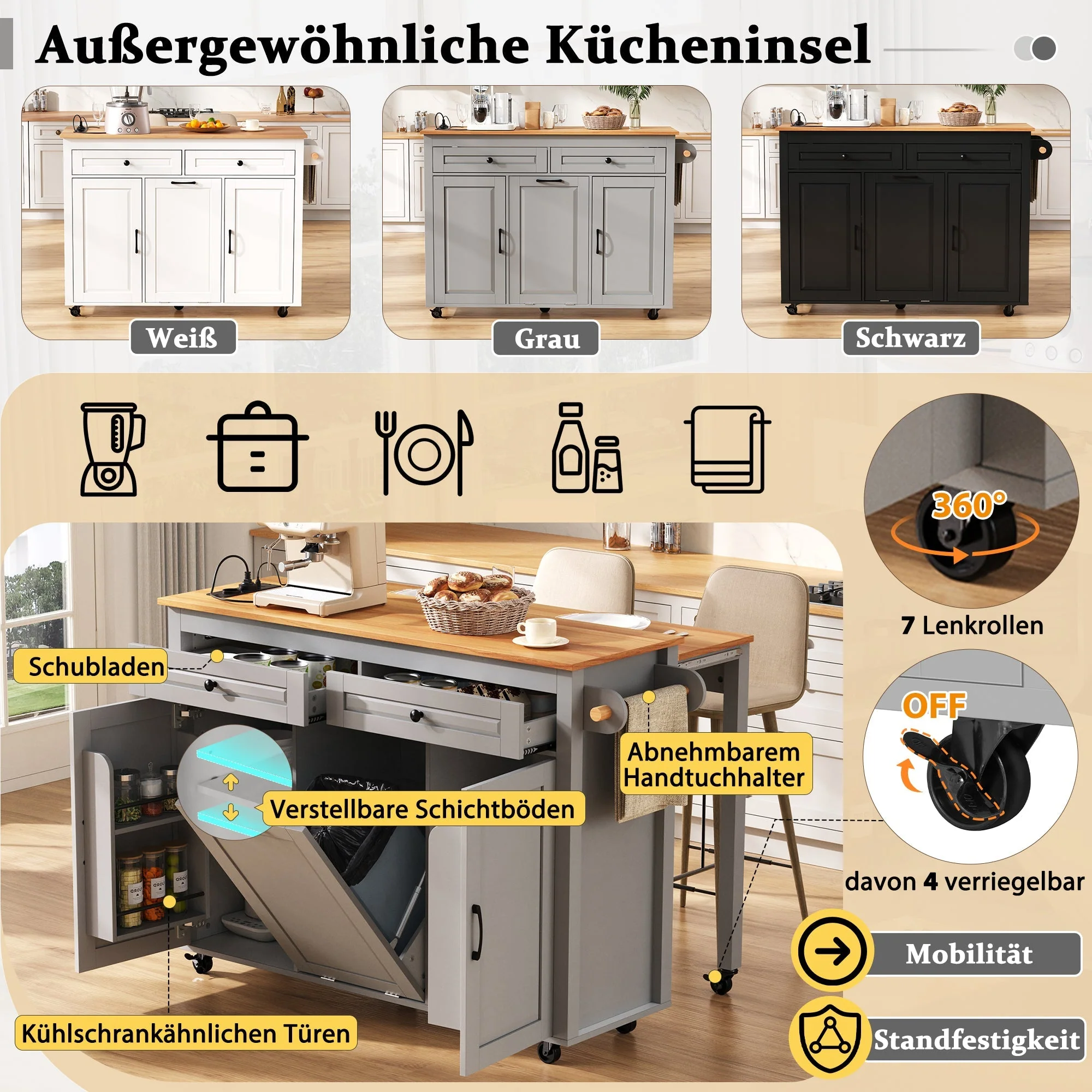 Kitchen Island on Wheels Extendable Worktop Waste Bin Power Strips - Grey - Image 6