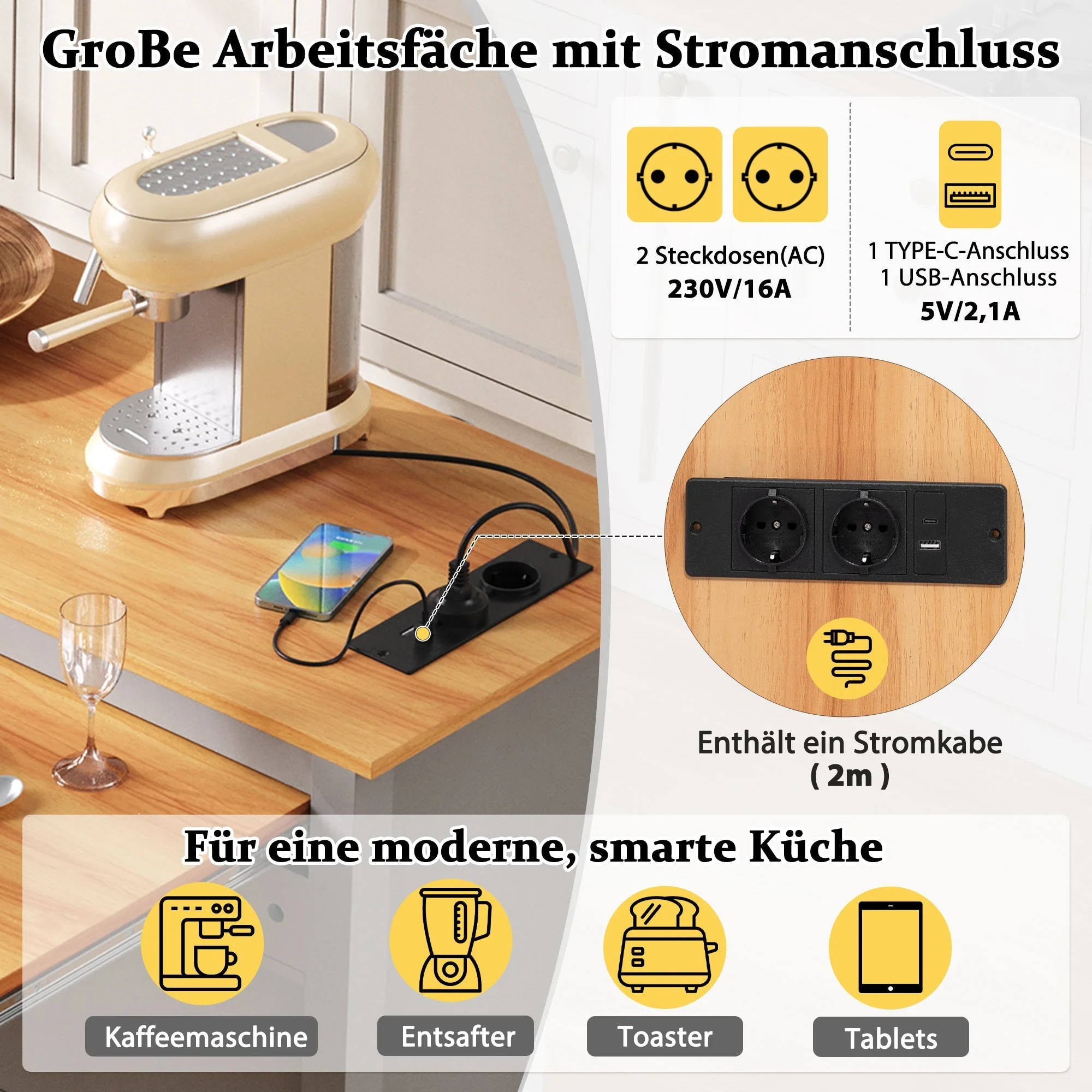Kitchen Island on Wheels Extendable Worktop Waste Bin Power Strips - Grey - Image 8