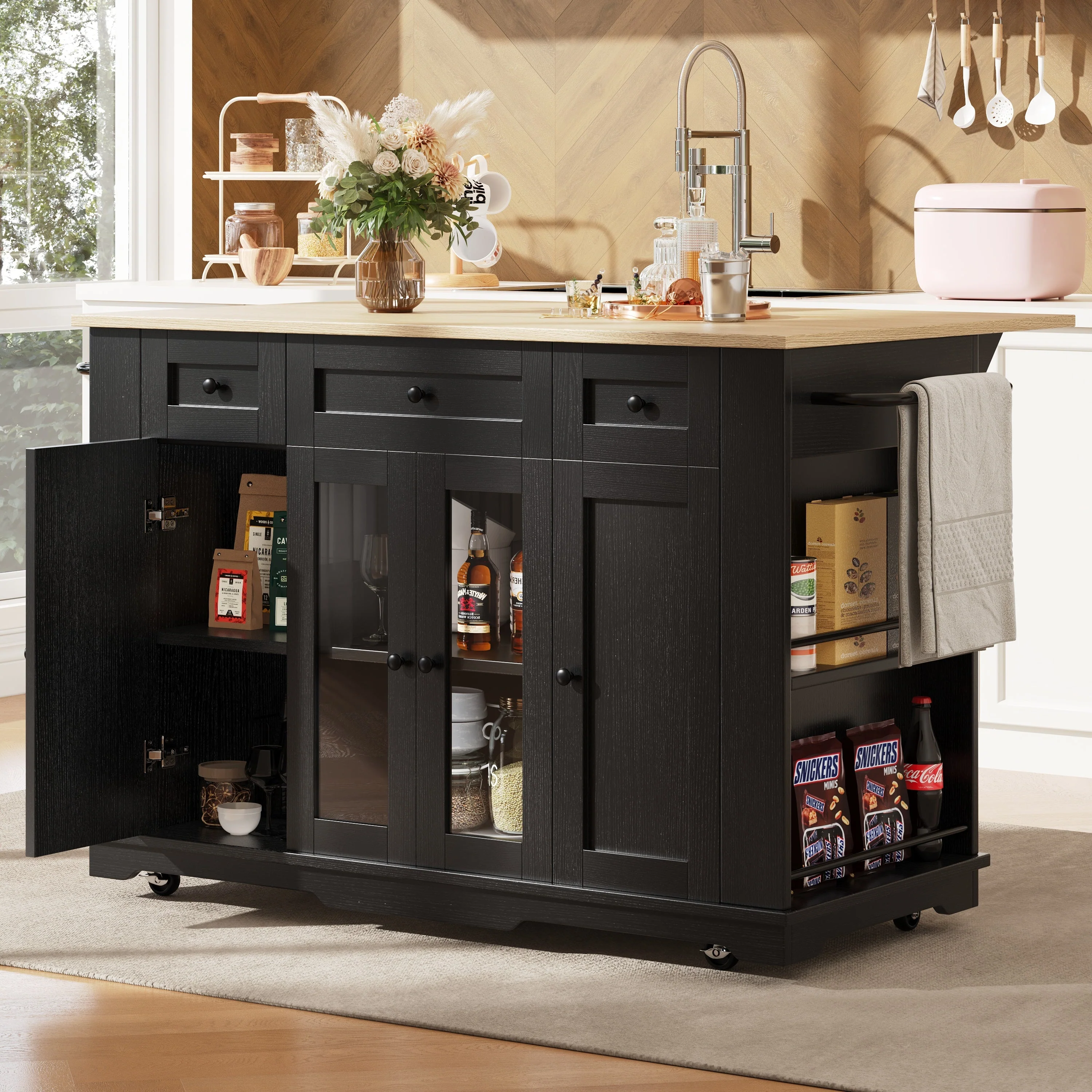 Kitchen Island, Removable Dividers, Dining Cart with Tempered Glass, Black - Image 3