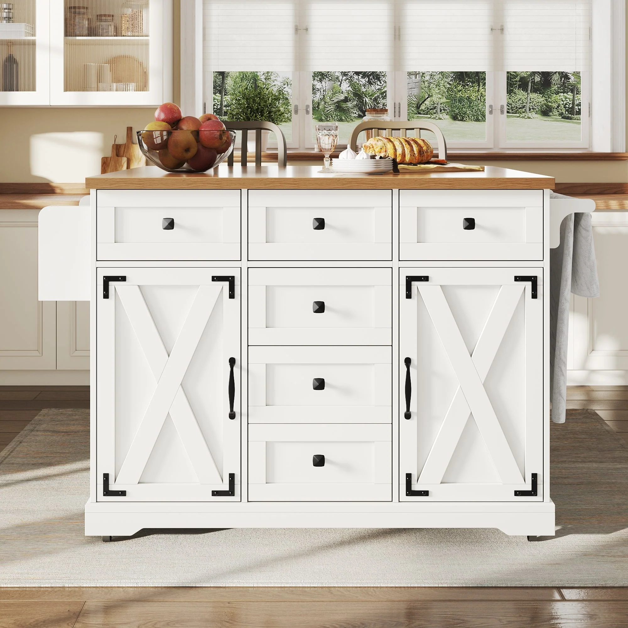 Kitchen Island Serving Trolley - Storage Wood Grain - White - Image 4