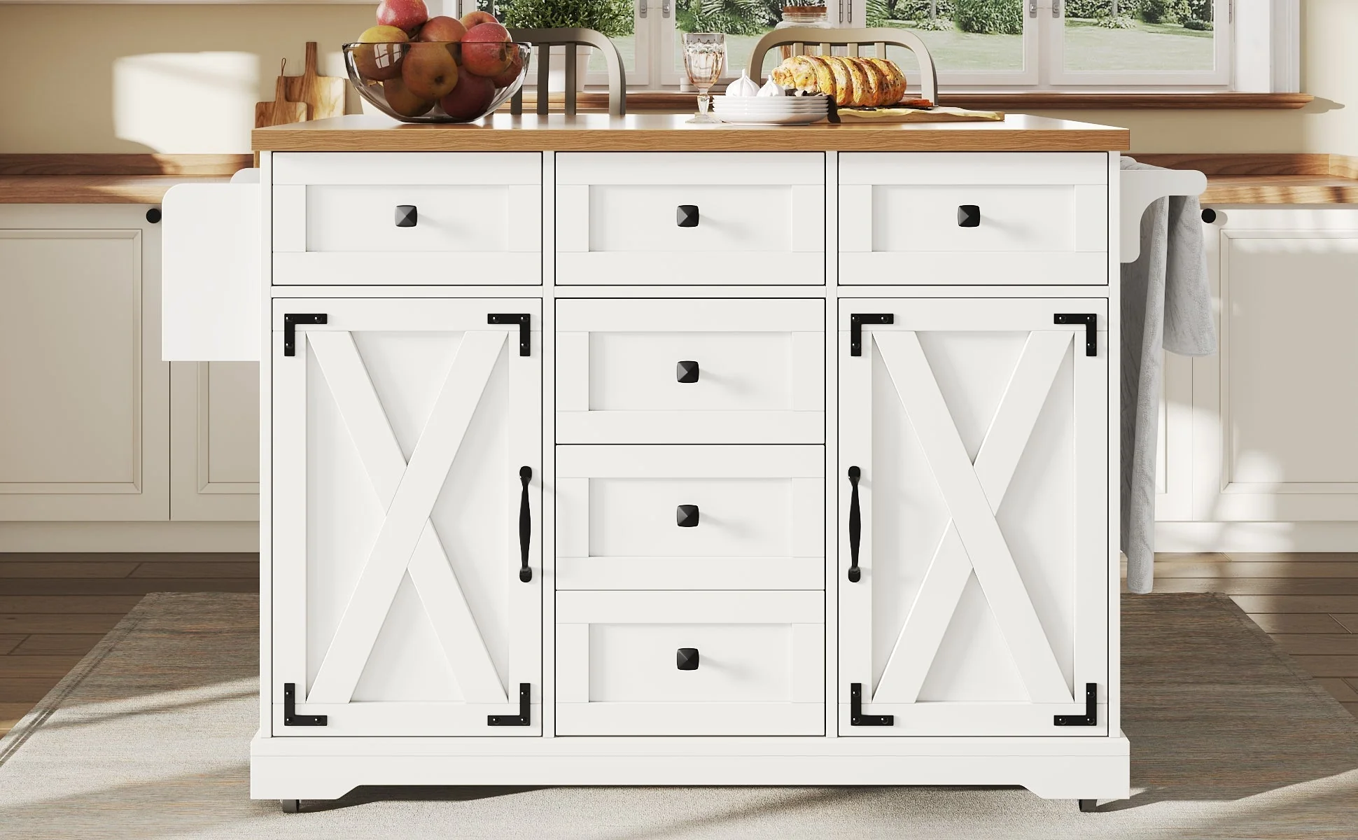 Kitchen Island Serving Trolley - Storage Wood Grain - White - Image 6