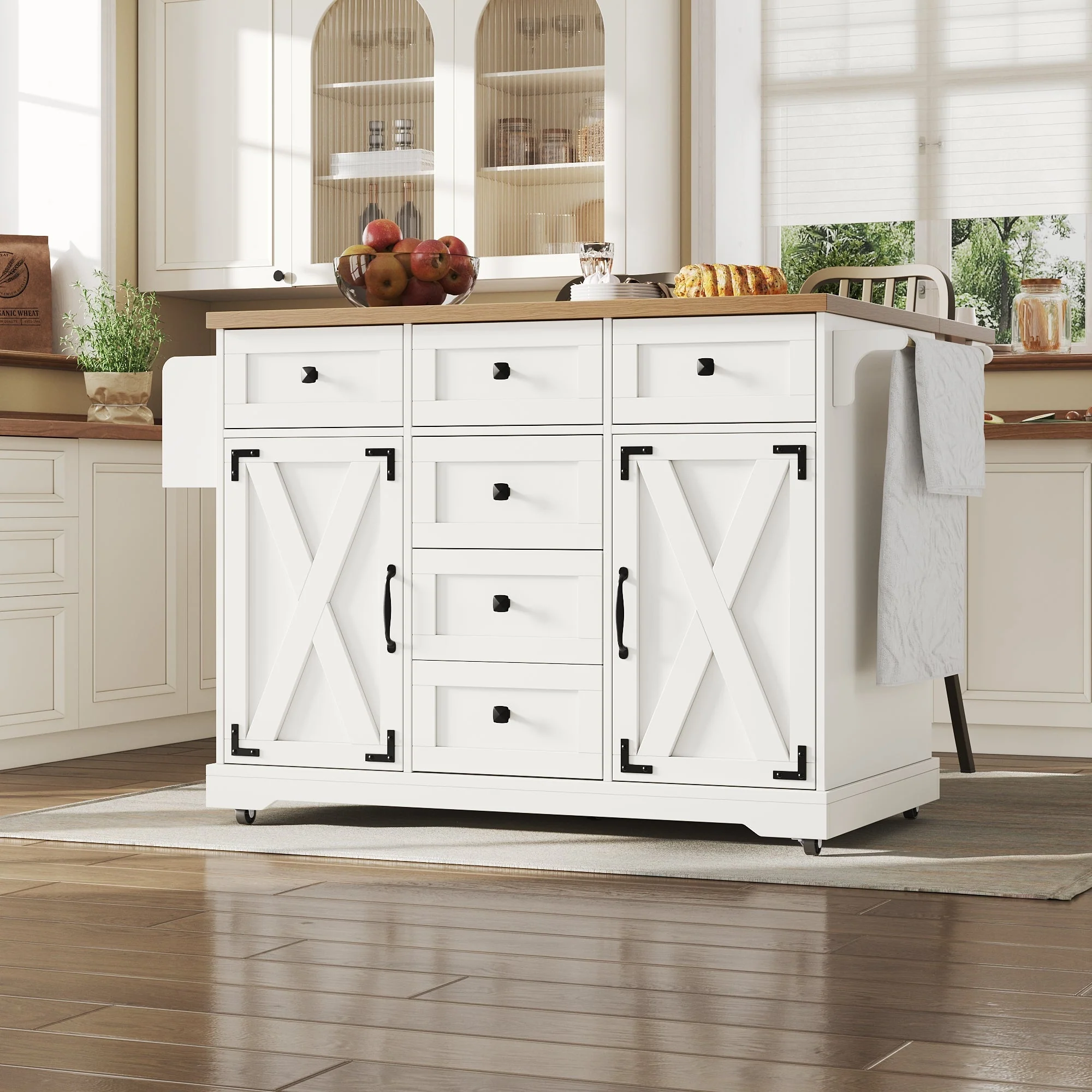 Kitchen Island Serving Trolley - Storage Wood Grain - White - Image 7