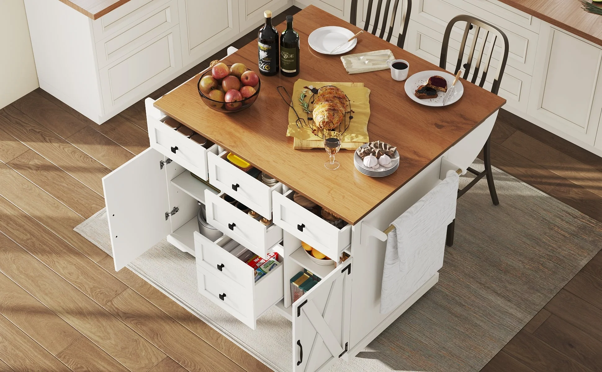 Kitchen Island Serving Trolley - Storage Wood Grain - White - Image 9