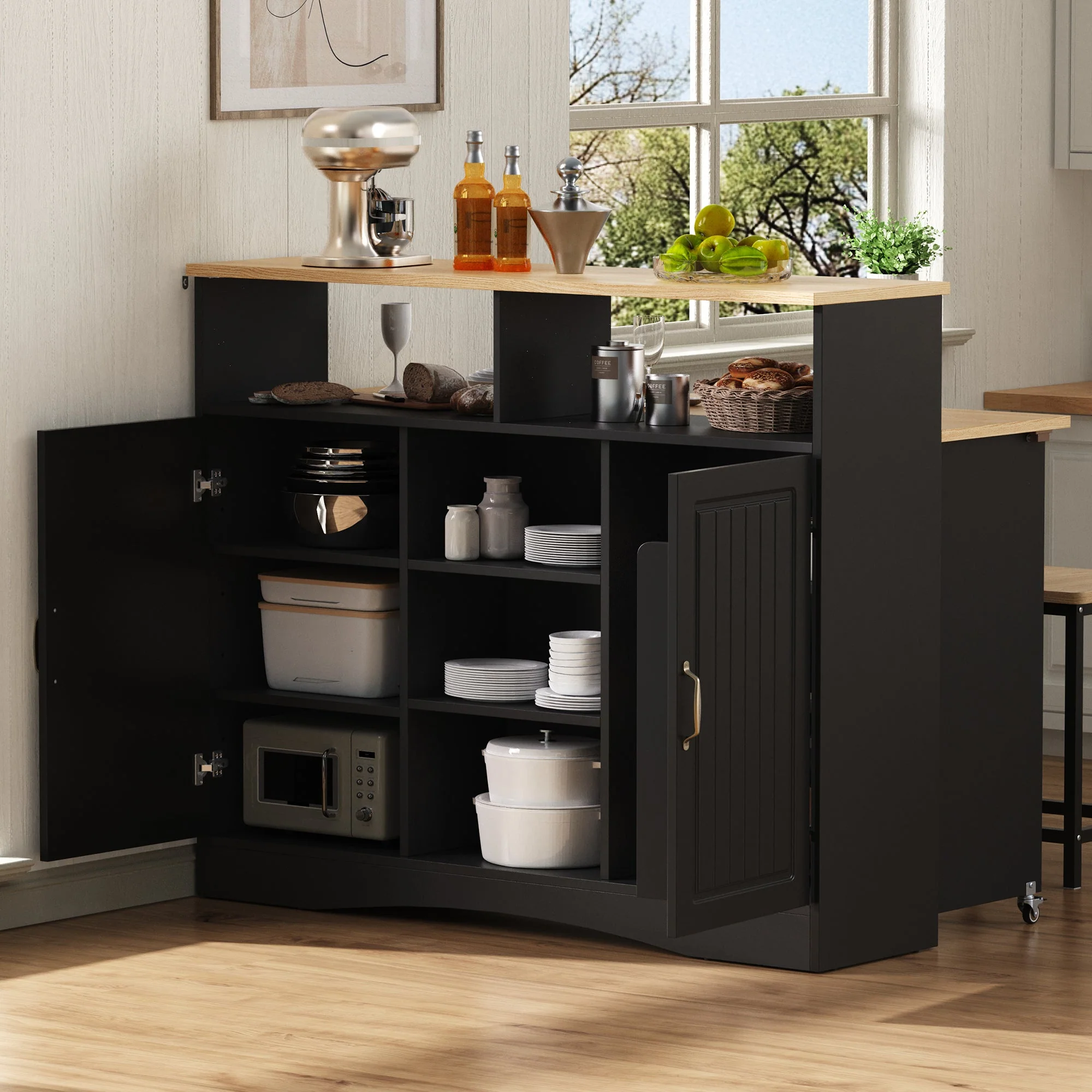 Kitchen Island Sideboard Extendable Dining Area Ample Storage Black - Image 2