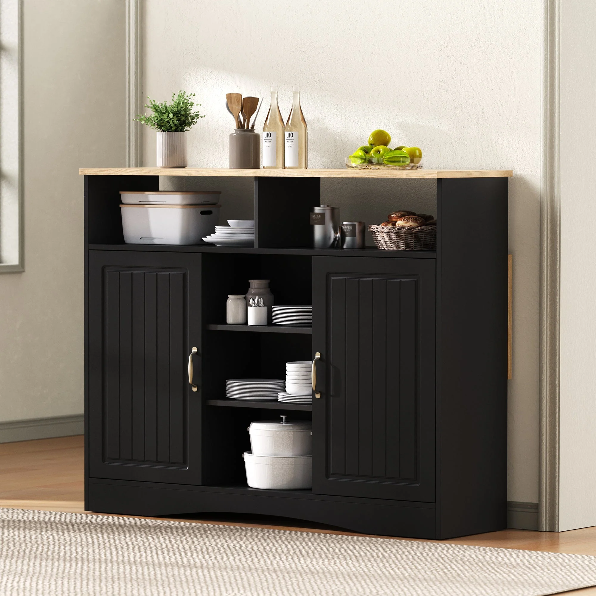 Kitchen Island Sideboard Extendable Dining Area Ample Storage Black - Image 3