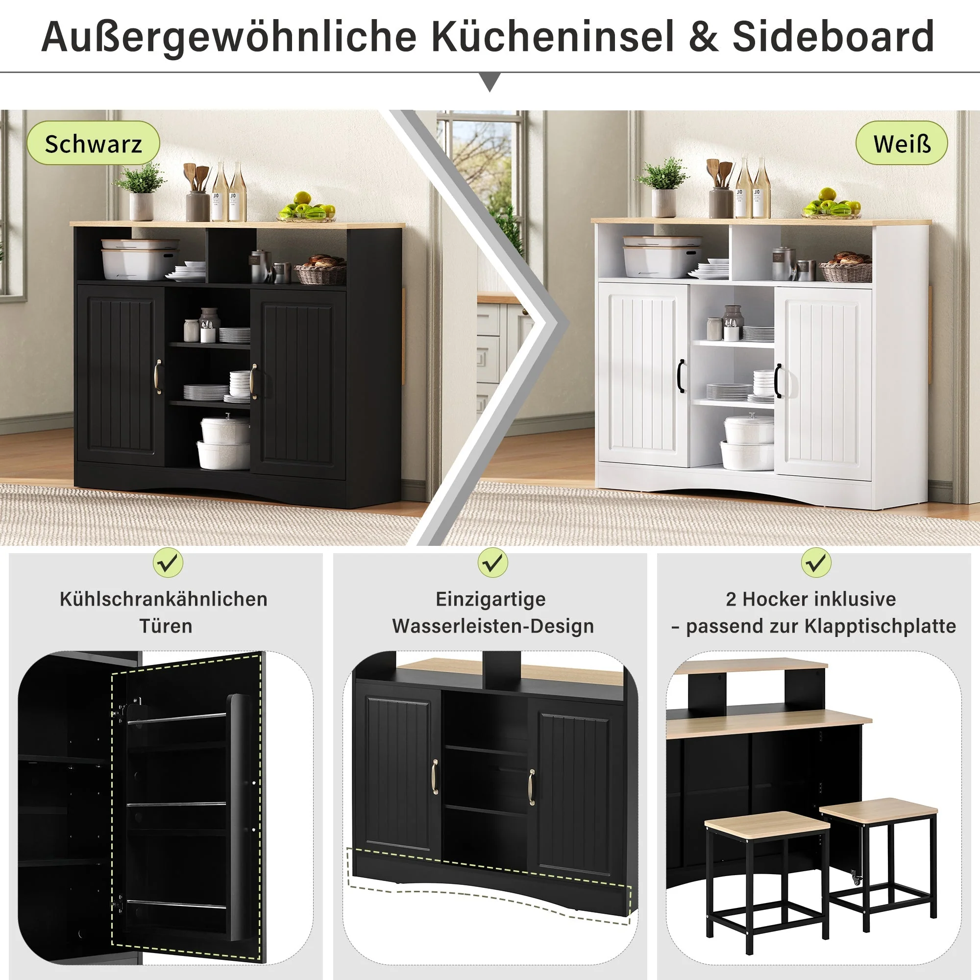 Kitchen Island Sideboard Extendable Dining Area Ample Storage Black - Image 5