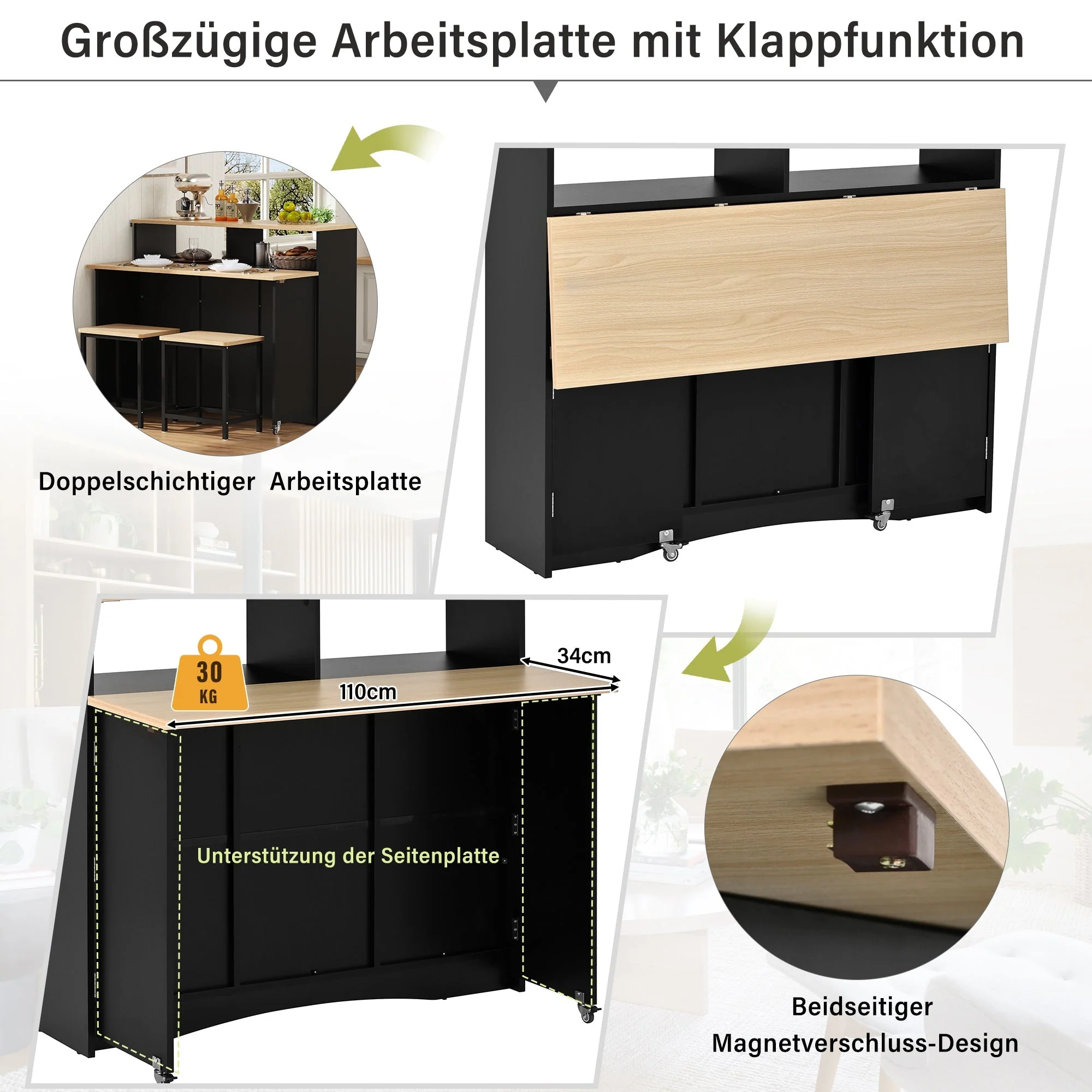 Kitchen Island Sideboard Extendable Dining Area Ample Storage Black - Image 6