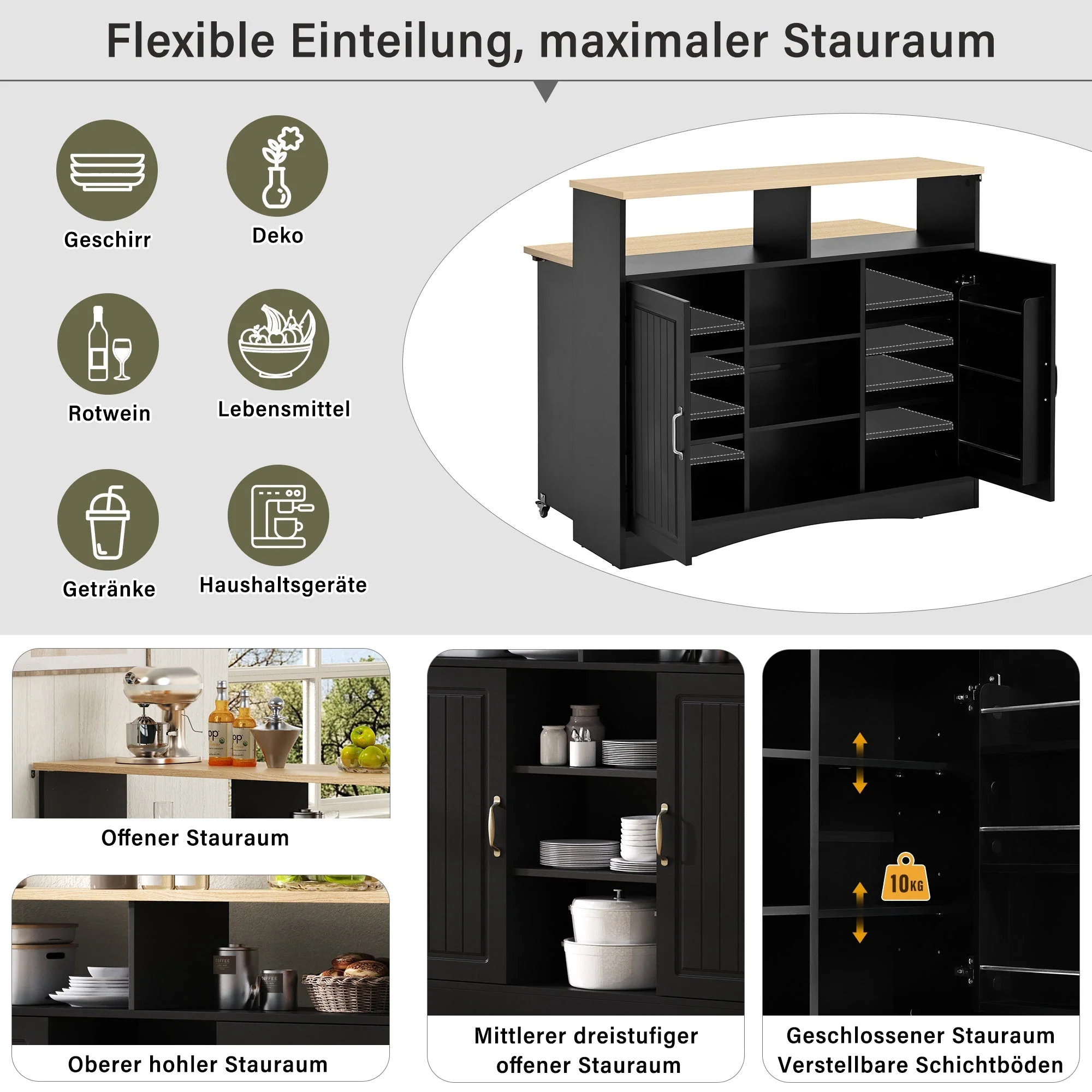 Kitchen Island Sideboard Extendable Dining Area Ample Storage Black - Image 8