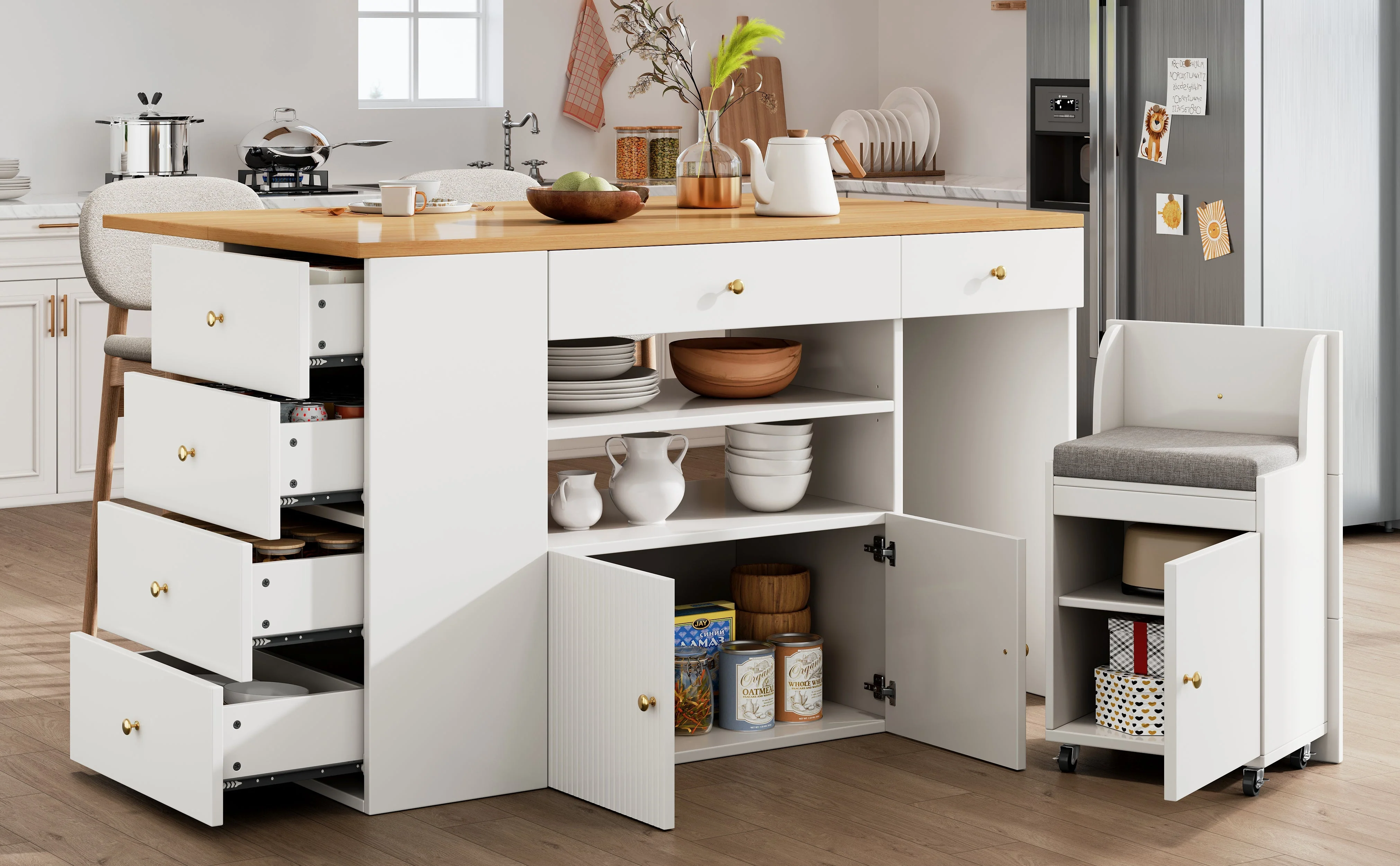 Kitchen Island Sideboard with 6 Drawers and Bar Stools, White and Black - Image 7