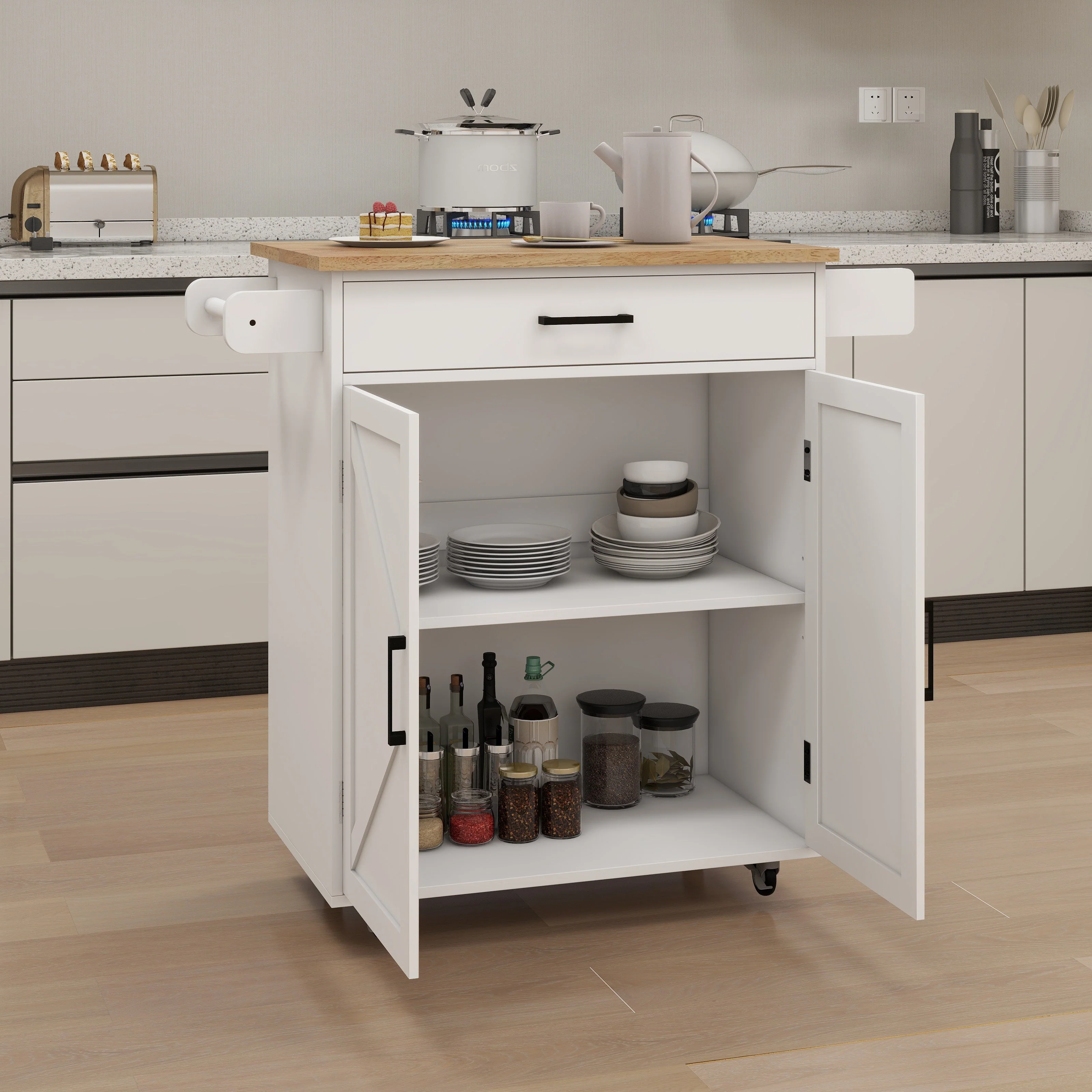 Kitchen Island Trolley Cart with Adjustable Shelves, Towel/Seasoning Racks - Rubber Wood, White - Image 6