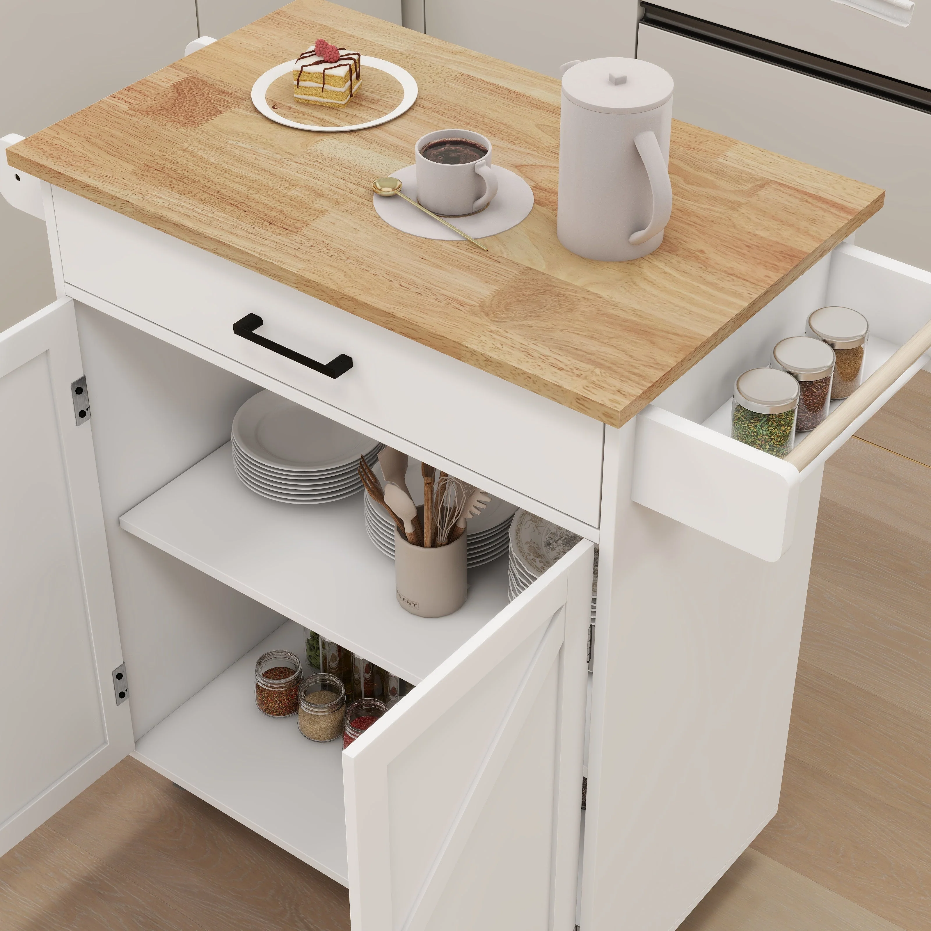 Kitchen Island Trolley Cart with Adjustable Shelves, Towel/Seasoning Racks - Rubber Wood, White - Image 8