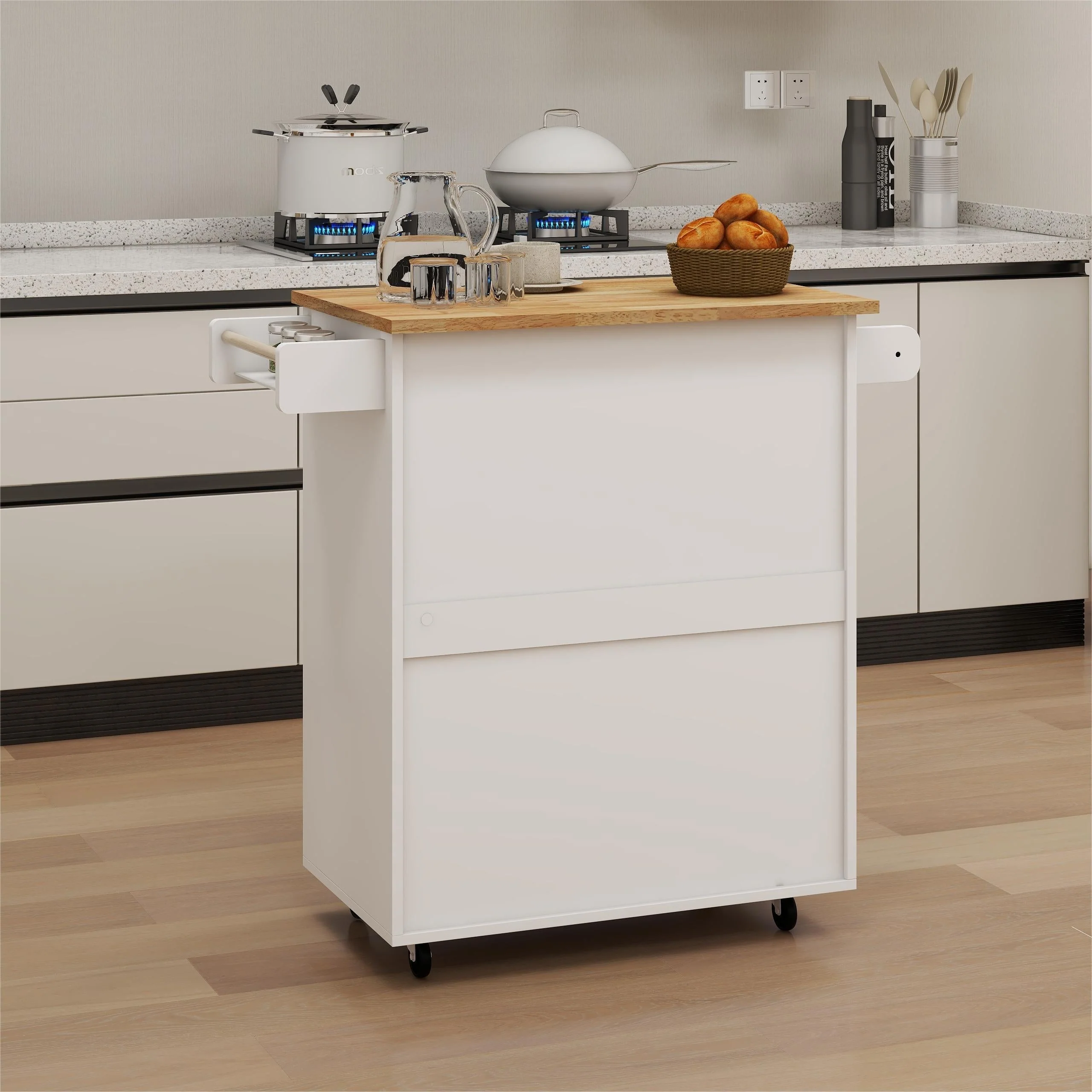 Kitchen Island Trolley Cart with Adjustable Shelves, Towel/Seasoning Racks - Rubber Wood, White - Image 9