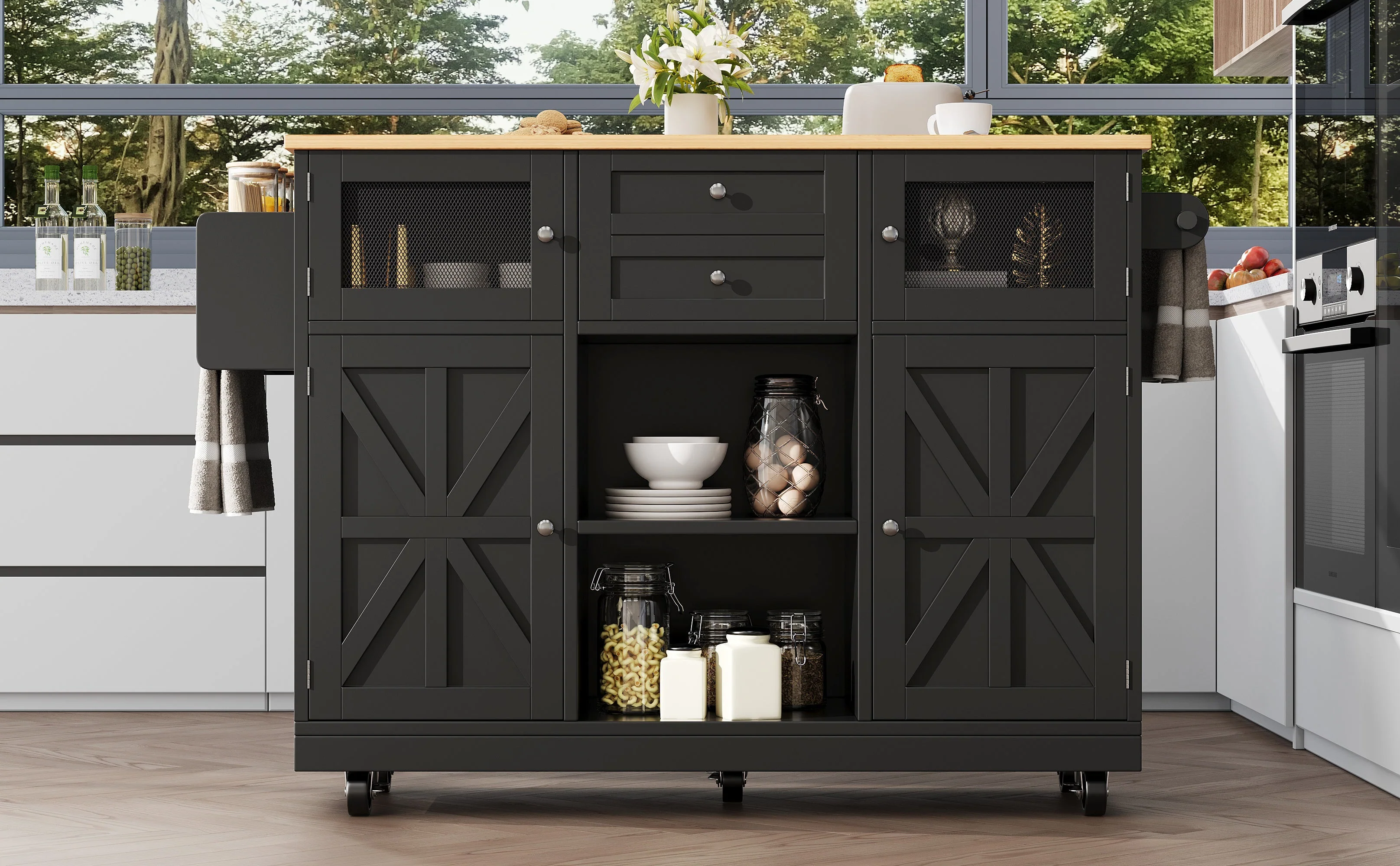 Kitchen Island Trolley Sideboard with Worktop Towel Rail Adjustable Storage Black - Image 4