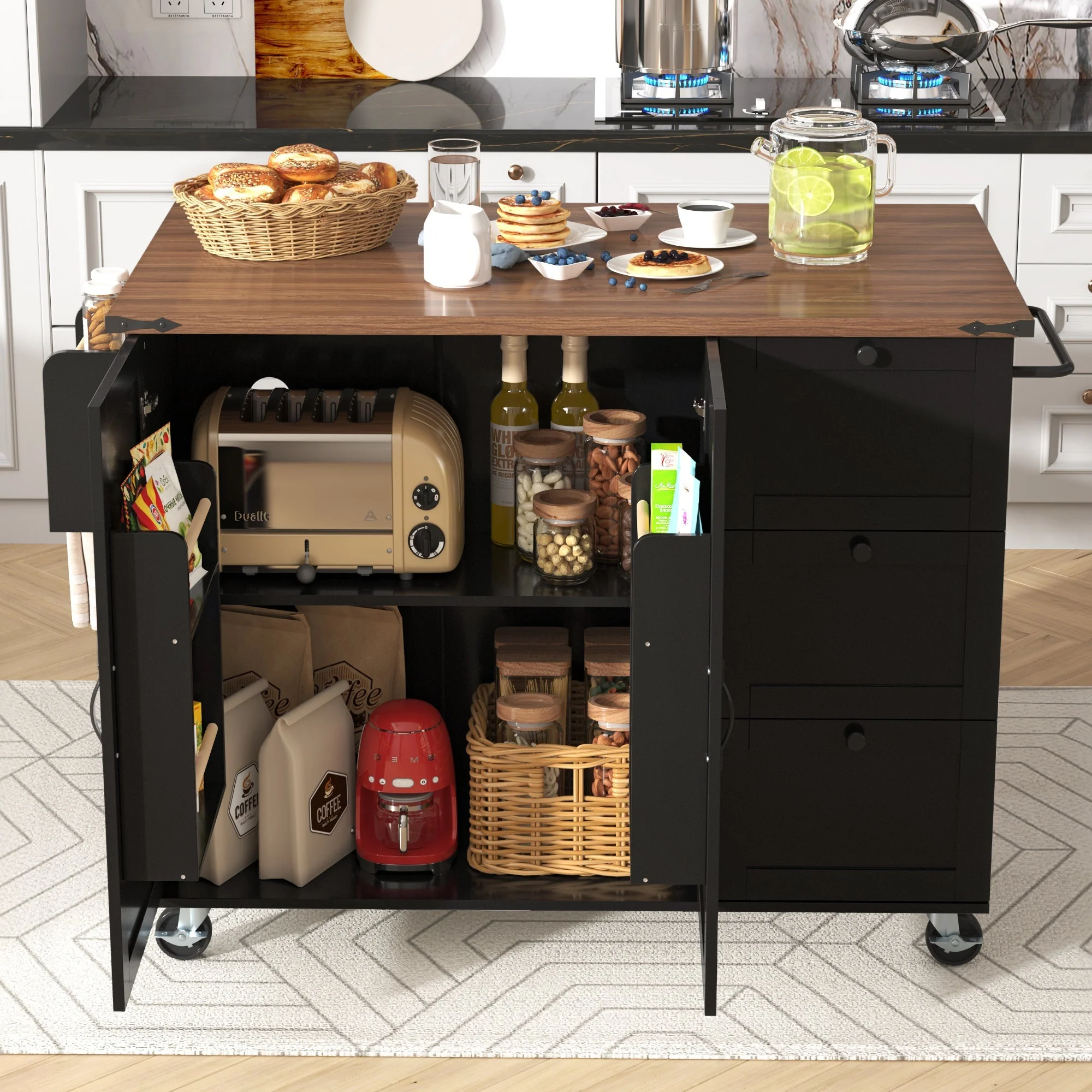 Kitchen Island Trolley with Pull-out Worktop, 2 Doors, 3 Drawers, Wood Grain Black - Image 2