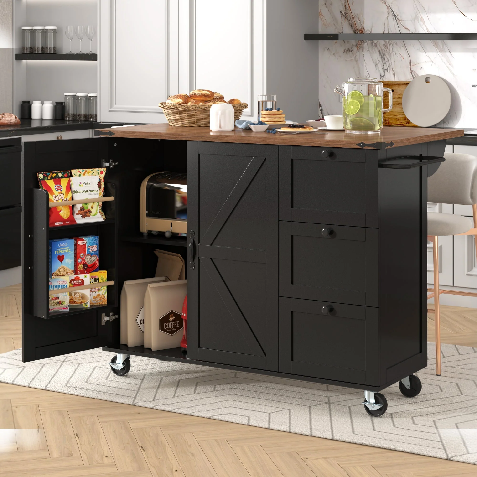 Kitchen Island Trolley with Pull-out Worktop, 2 Doors, 3 Drawers, Wood Grain Black - Image 6