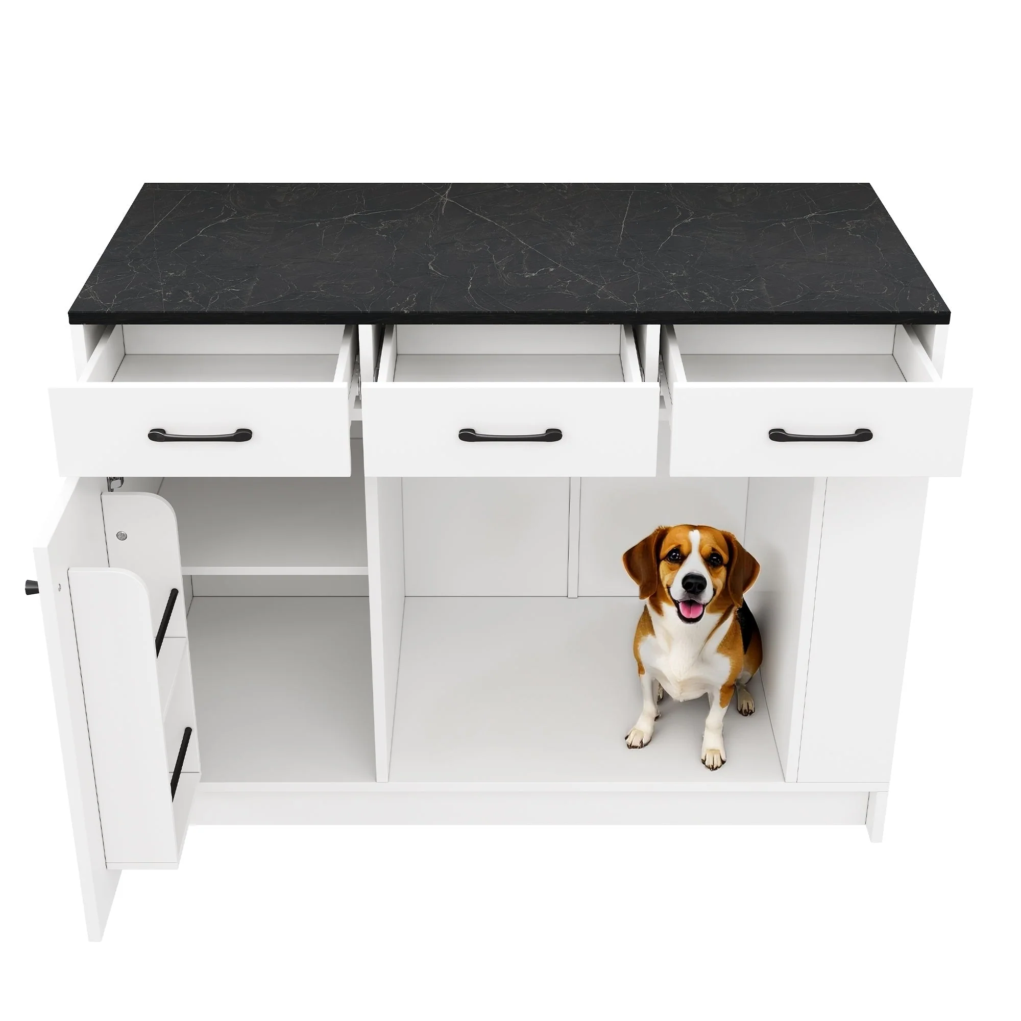 Kitchen Island with 3 Drawers Spice Rack Adjustable Shelf Pet Storage 120x60x90cm - White - Image 5
