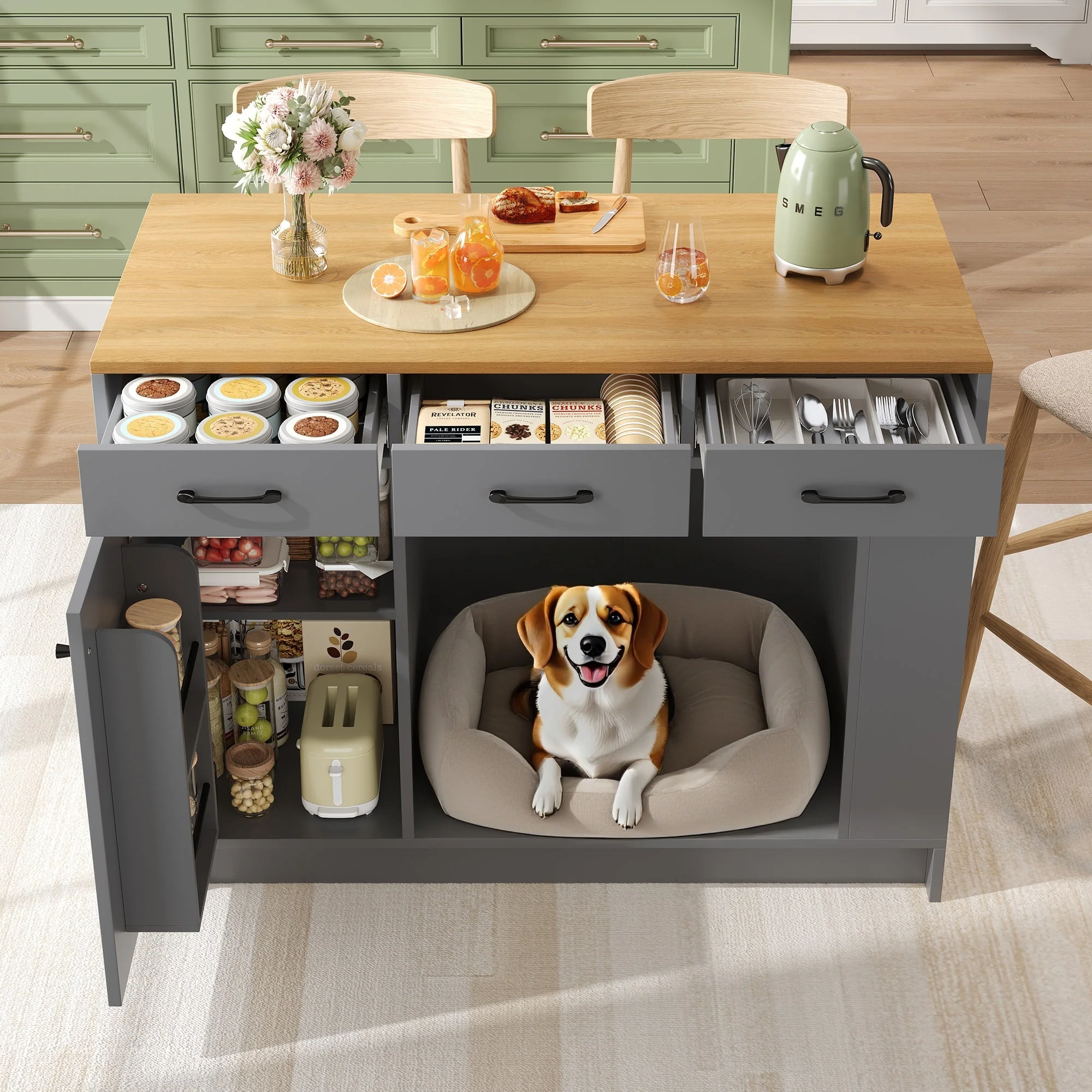 Kitchen Island with 3 Drawers, Spice Rack and Pet Storage Area, Grey - Image 2