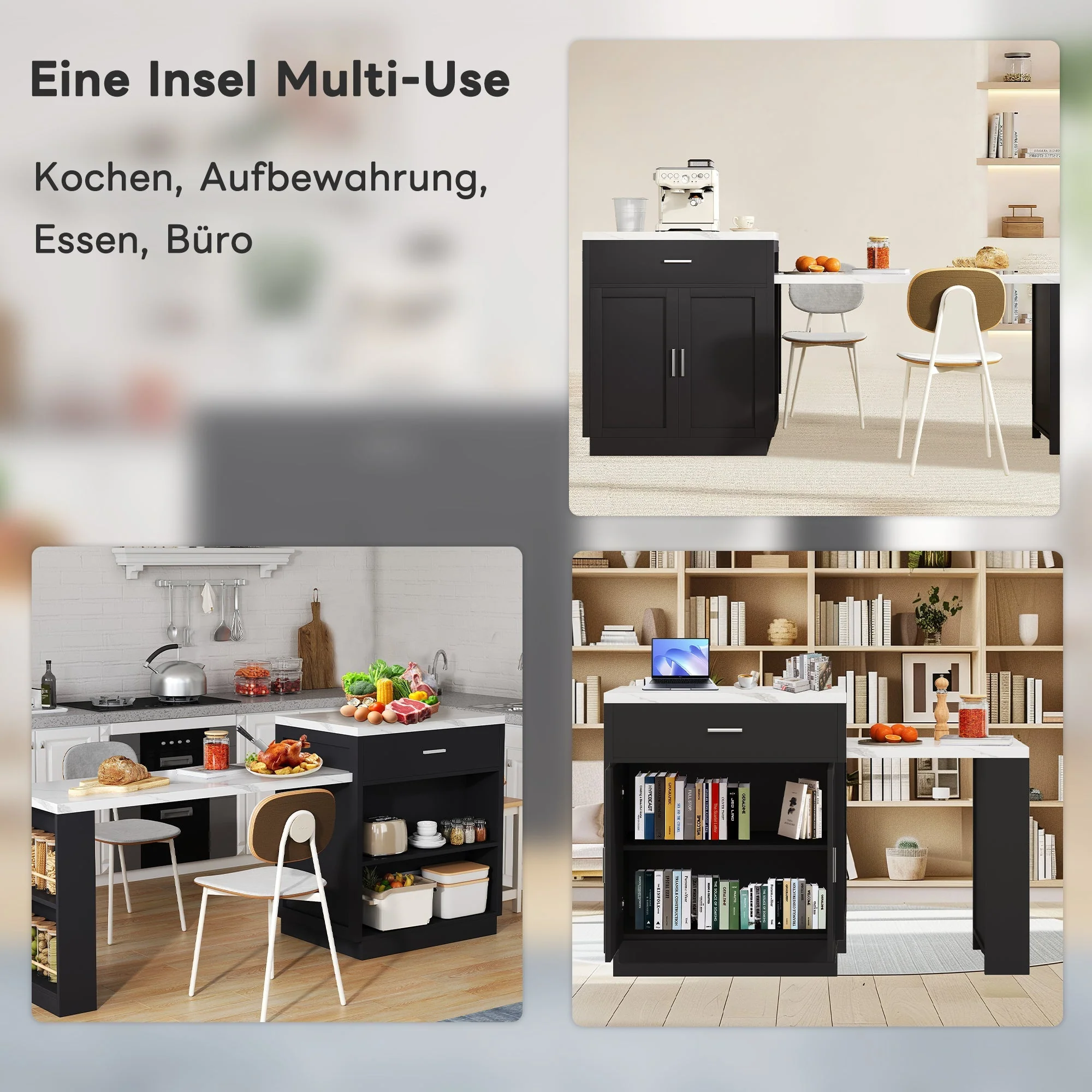 Kitchen Island with Extendable Dining Table for 4-6 People, Power Outlet and Storage Drawers, Black and White Marble Look - Image 5