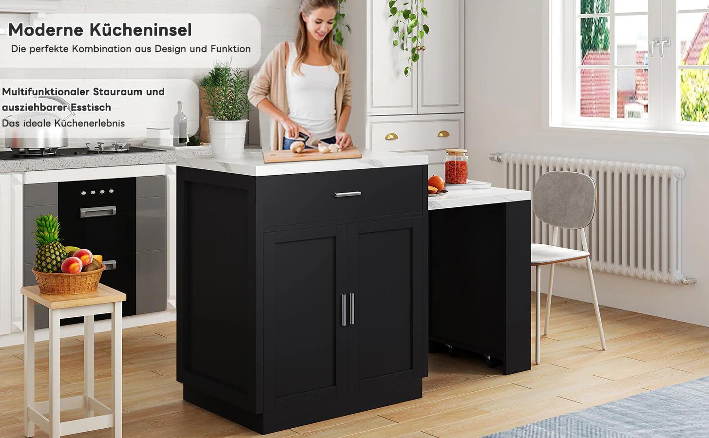 Kitchen Island with Extendable Dining Table for 4-6 People, Power Outlet and Storage Drawers, Black and White Marble Look - Image 8