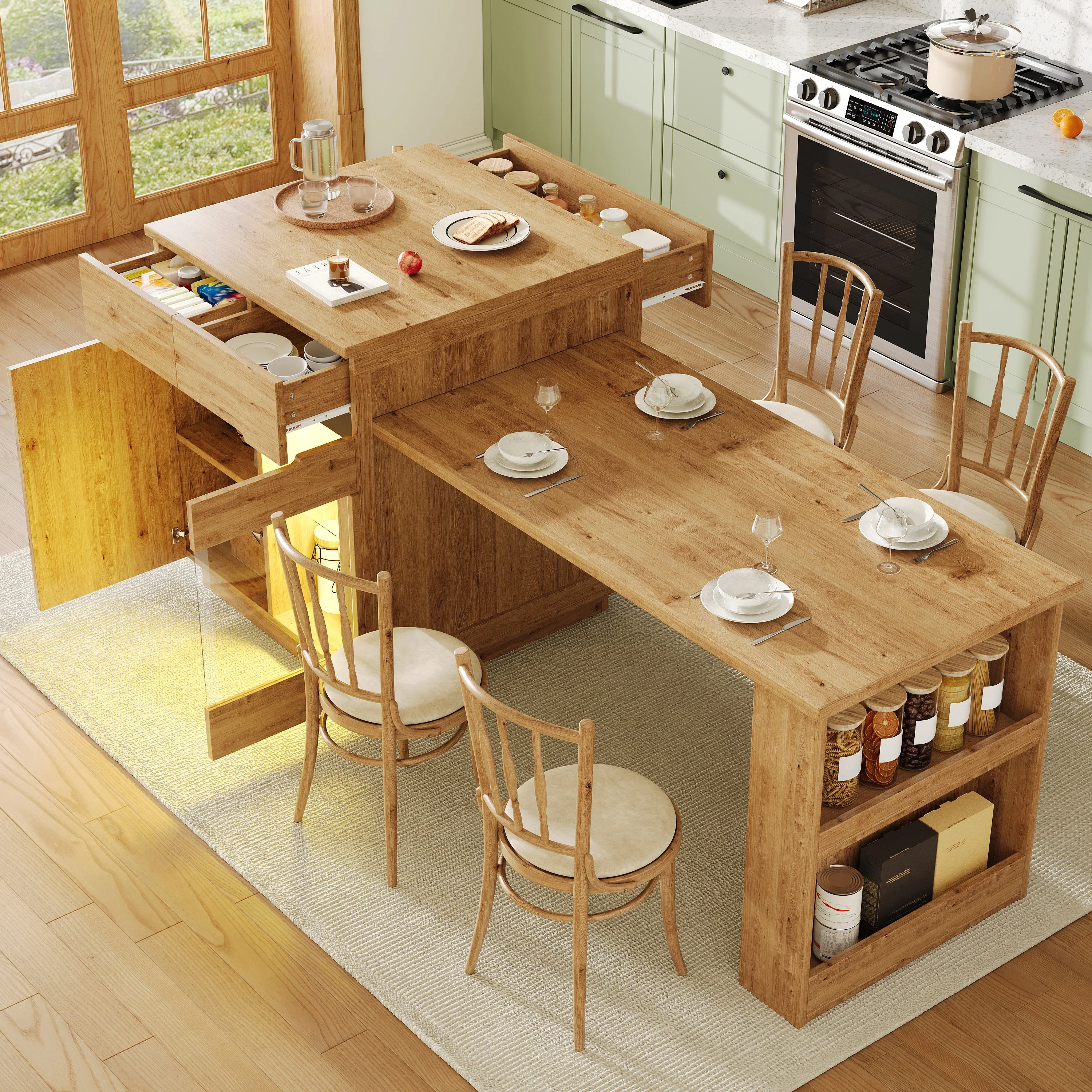 Kitchen Island with Extendable Table, Multifunctional Cabinet with LED Lighting and Drawers, Oak Look - Image 2