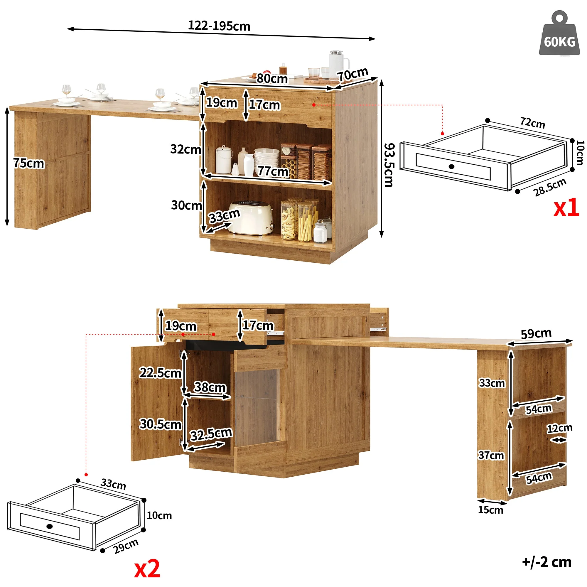 Kitchen Island with Extendable Table, Multifunctional Cabinet with LED Lighting and Drawers, Oak Look - Image 6