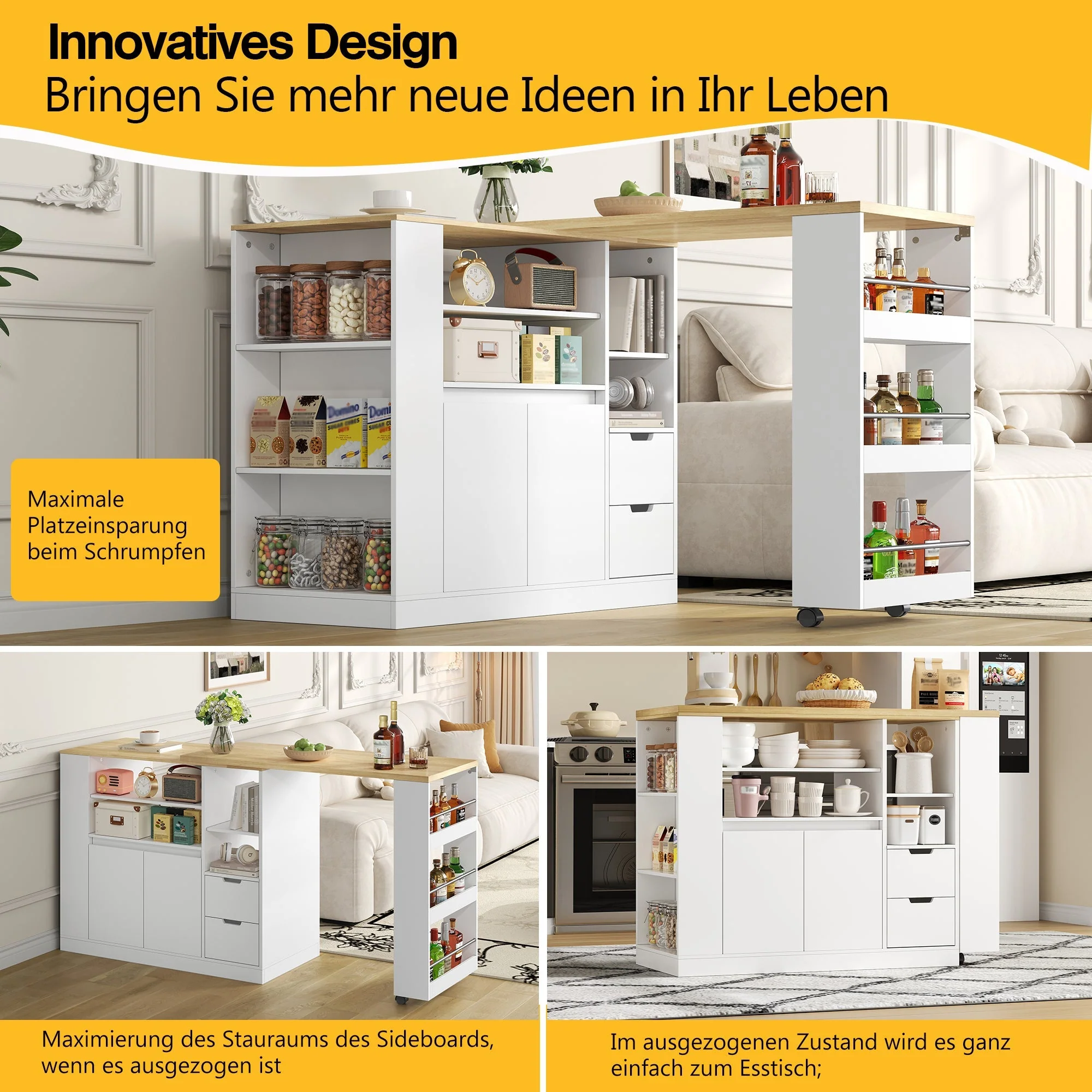 Kitchen Island with Extendable Worktop and Storage Shelves, Wood Look - Image 3