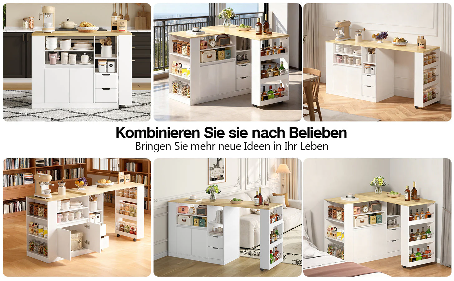 Kitchen Island with Extendable Worktop and Storage Shelves, Wood Look - Image 7