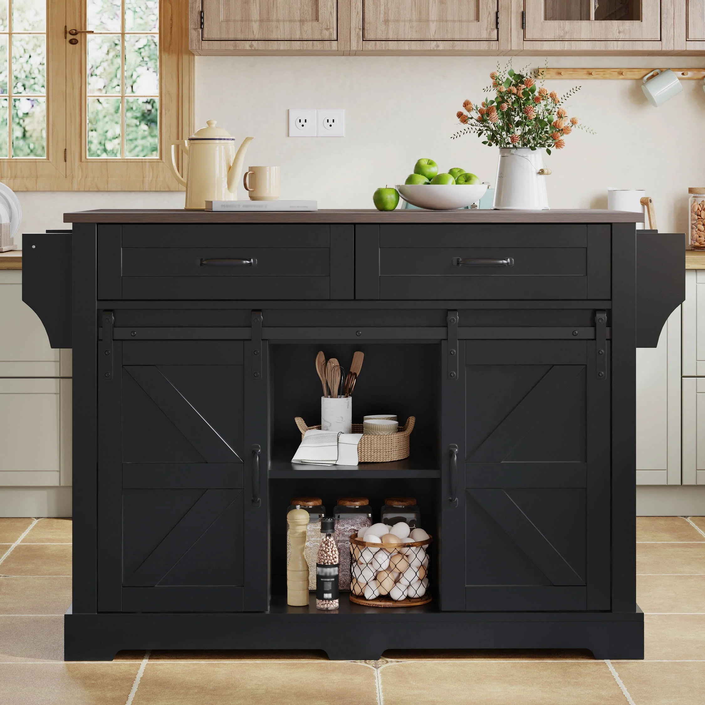 Kitchen Island with Fold-Down Worktop and Sliding Barn Doors, Black - Image 10