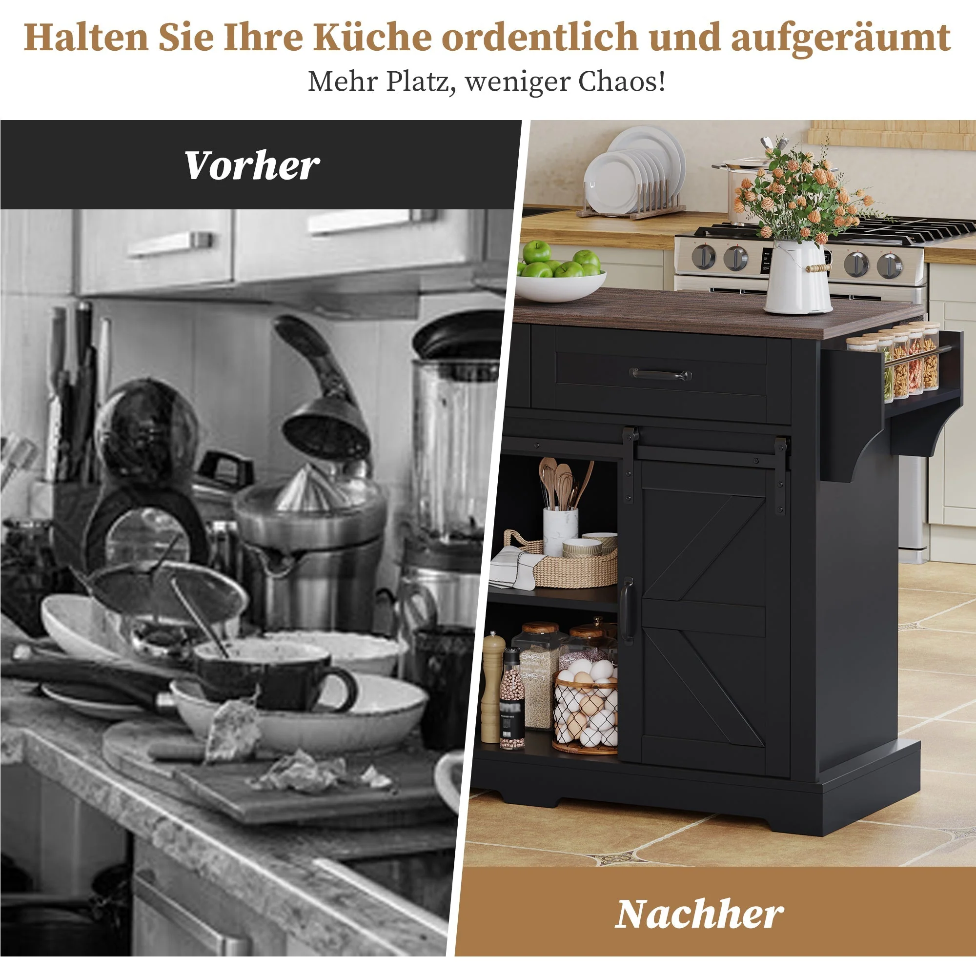 Kitchen Island with Fold-Down Worktop and Sliding Barn Doors, Black - Image 5