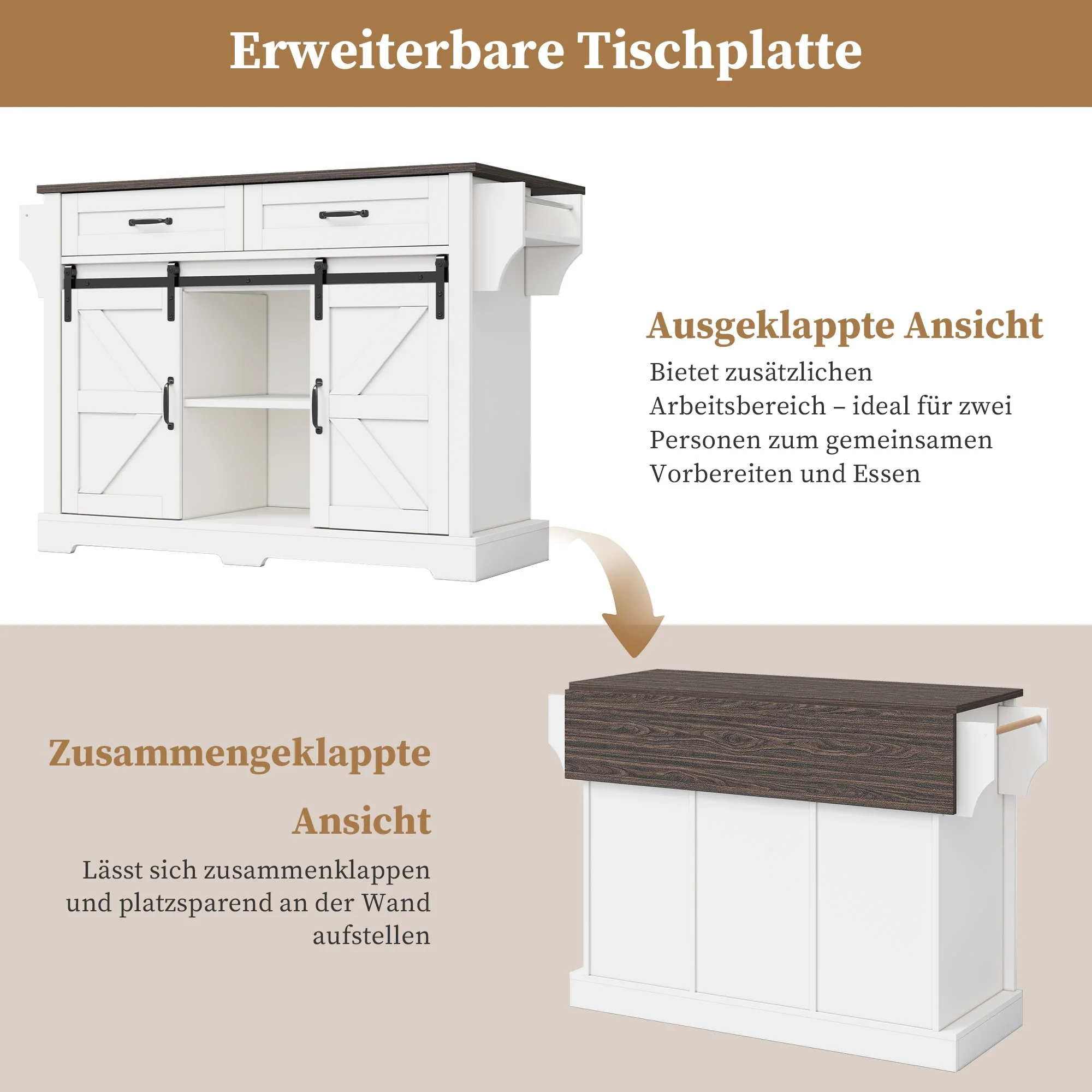 Kitchen Island with Fold-Down Worktop and Sliding Doors, Barn Style, White - Image 2