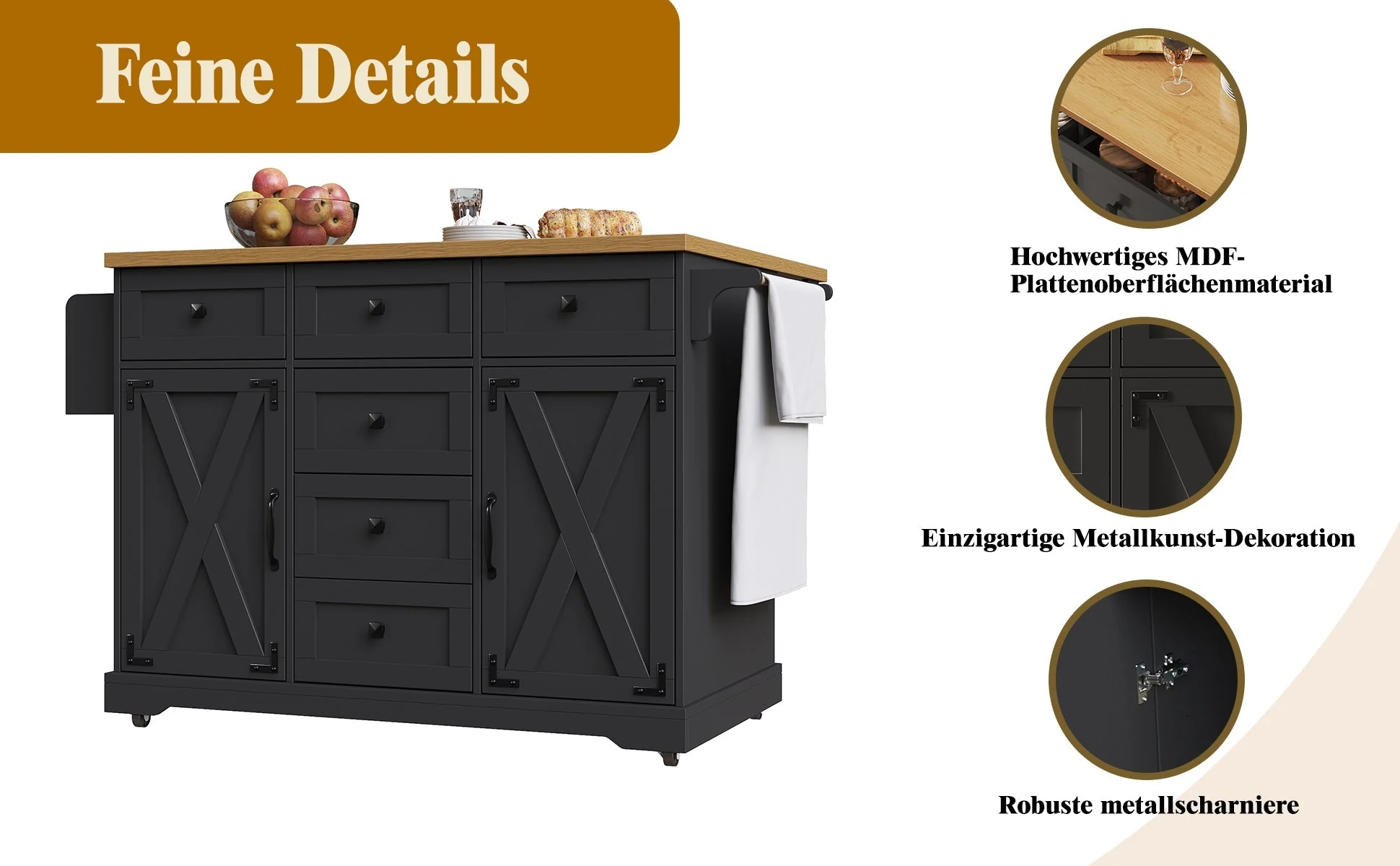 Kitchen Island with Multifunctional Serving Trolley and Large Storage Space, Black Wood Grain - Image 10