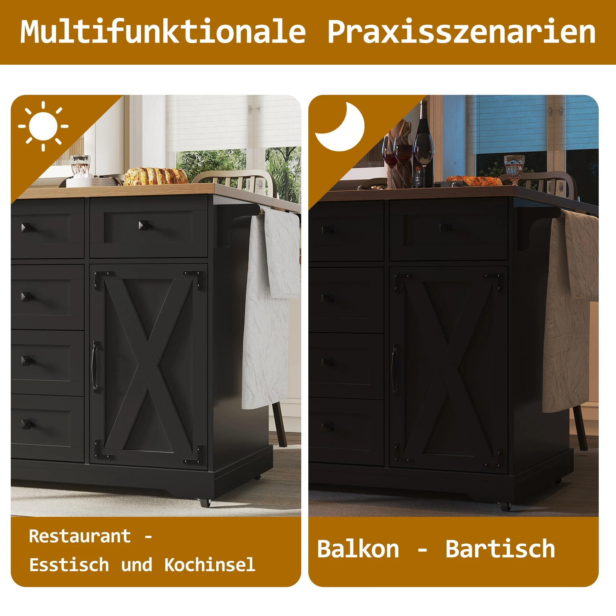 Kitchen Island with Multifunctional Serving Trolley and Large Storage Space, Black Wood Grain - Image 8