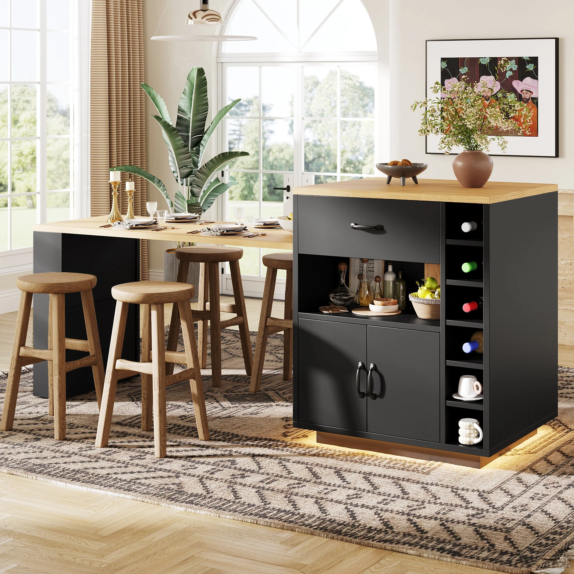 Kitchen Island with Pull-out Table and Storage Drawers, Black and White - Image 3