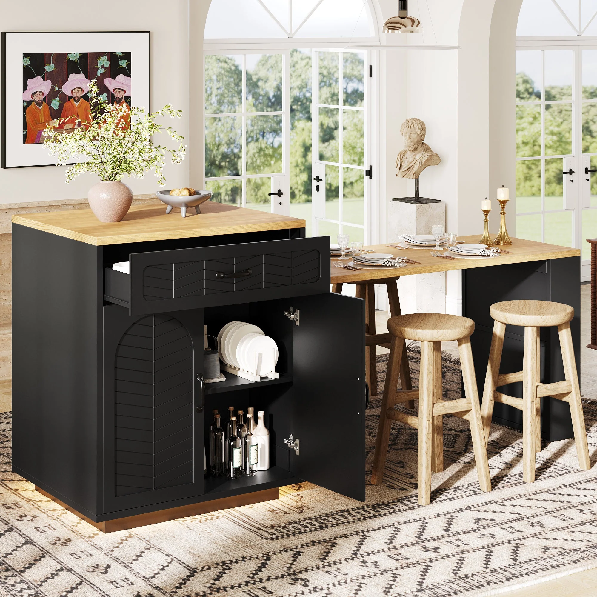 Kitchen Island with Pull-out Table and Storage Drawers, Black and White - Image 4
