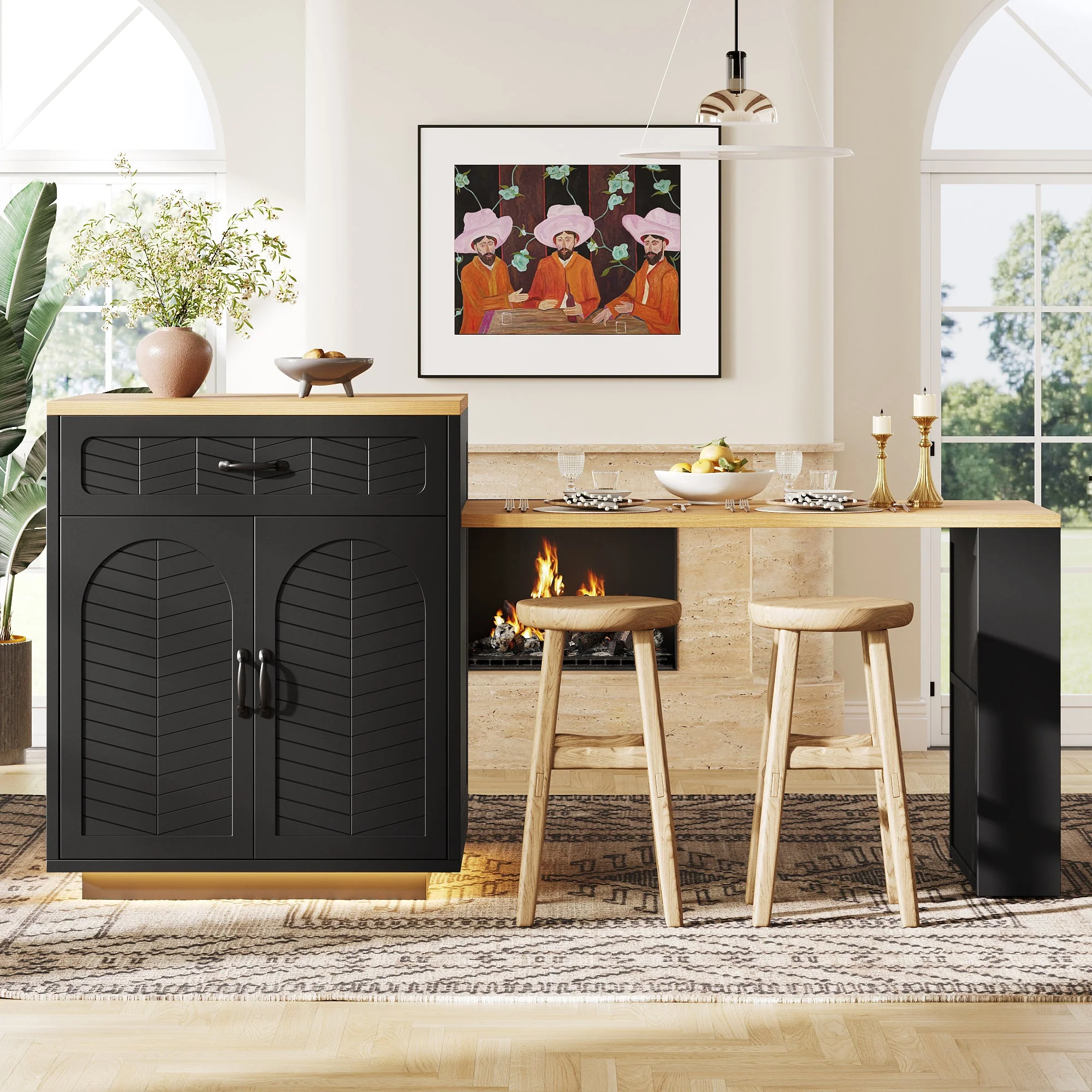 Kitchen Island with Pull-out Table and Storage Drawers, Black and White - Image 5