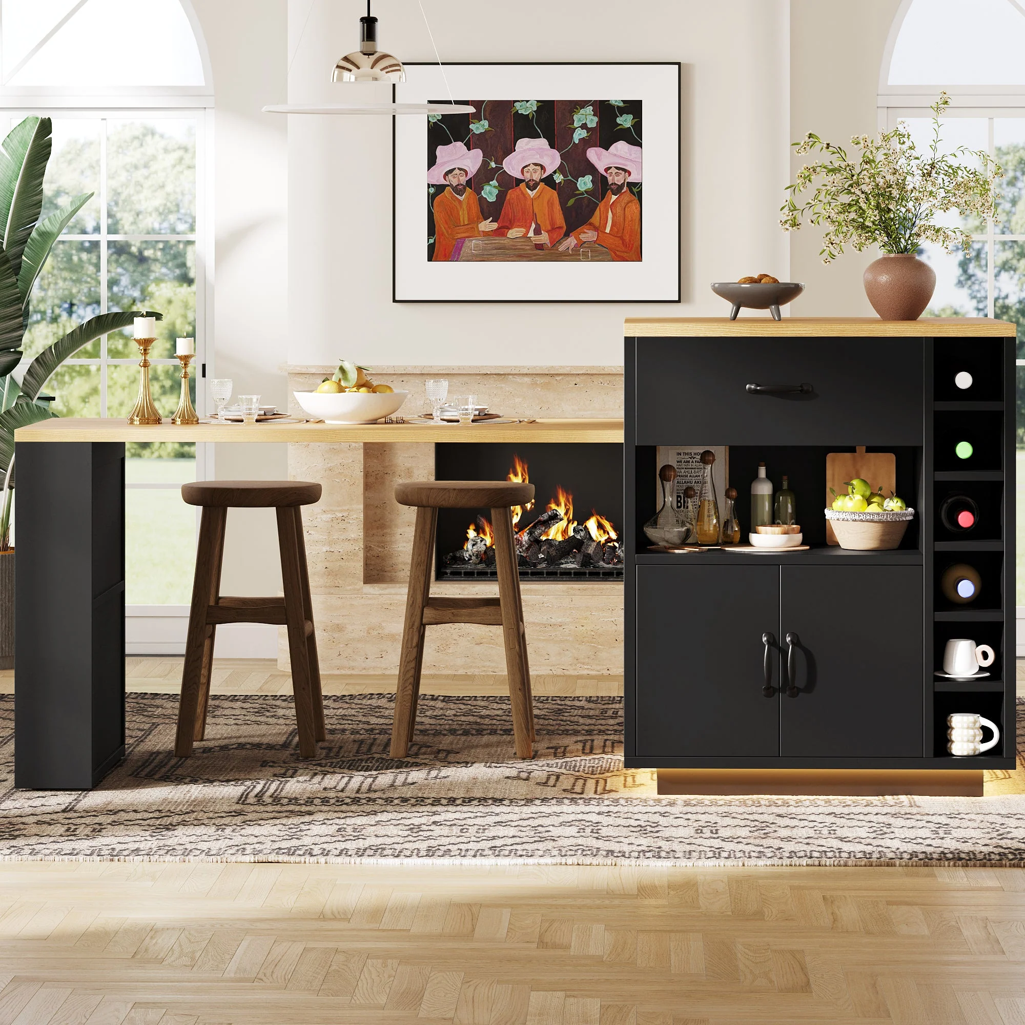 Kitchen Island with Pull-out Table and Storage Drawers, Black and White - Image 6