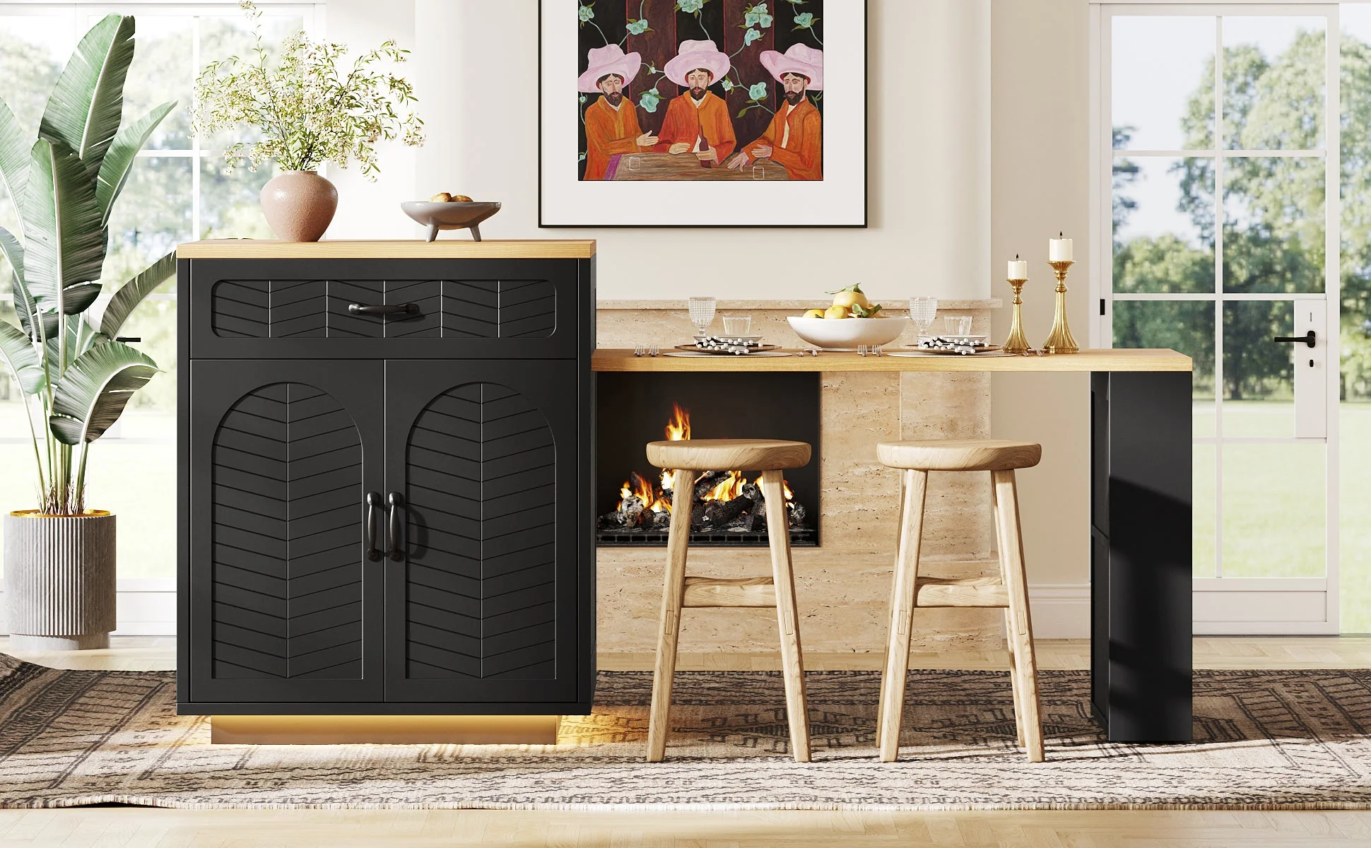 Kitchen Island with Pull-out Table and Storage Drawers, Black and White - Image 7