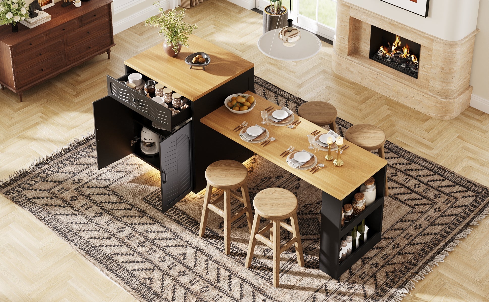 Kitchen Island with Pull-out Table and Storage Drawers, Black and White - Image 8