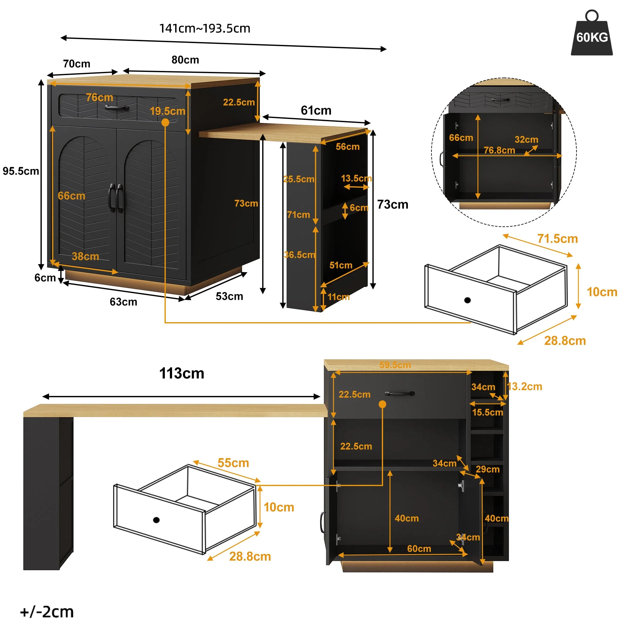 Kitchen Island with Pull-out Table and Storage Drawers, Black and White - Image 9
