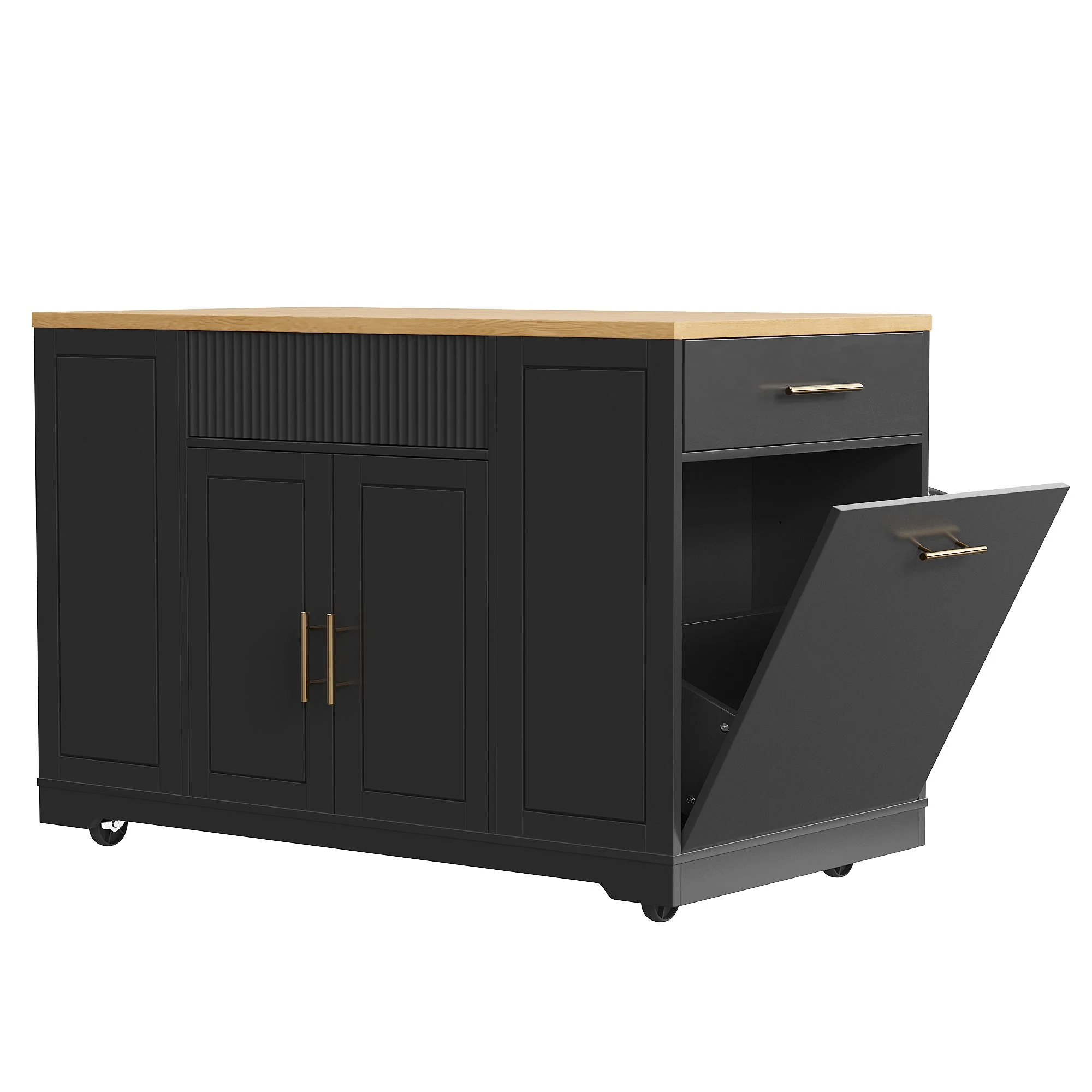 Kitchen Island with Waste Bin Compartment, 2 Doors & 3 Drawers, Black Wood Grain - Image 10