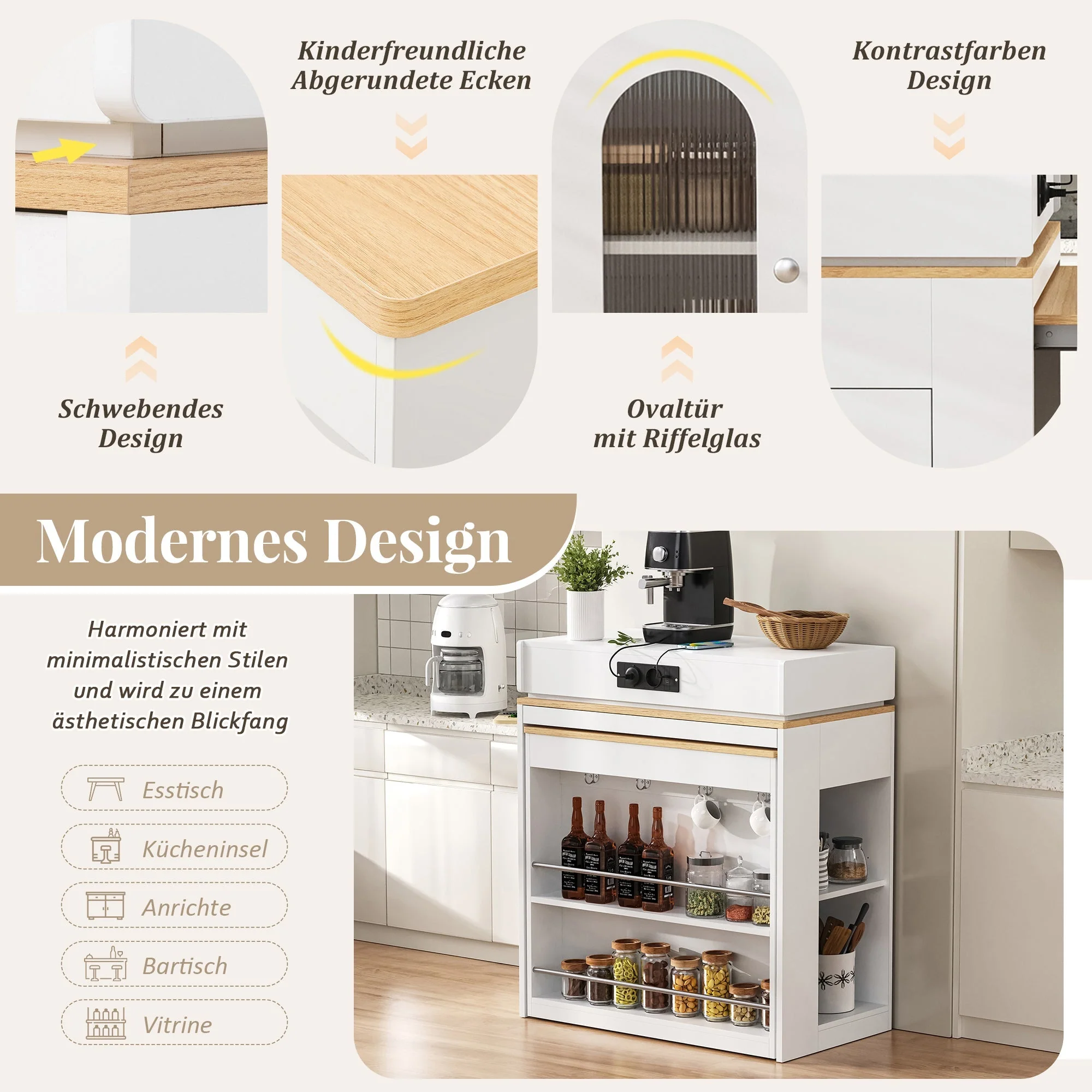 Kitchen Island with Wheels, Extendable Folding Tabletop, Power Strips & Hooks - White - Image 10