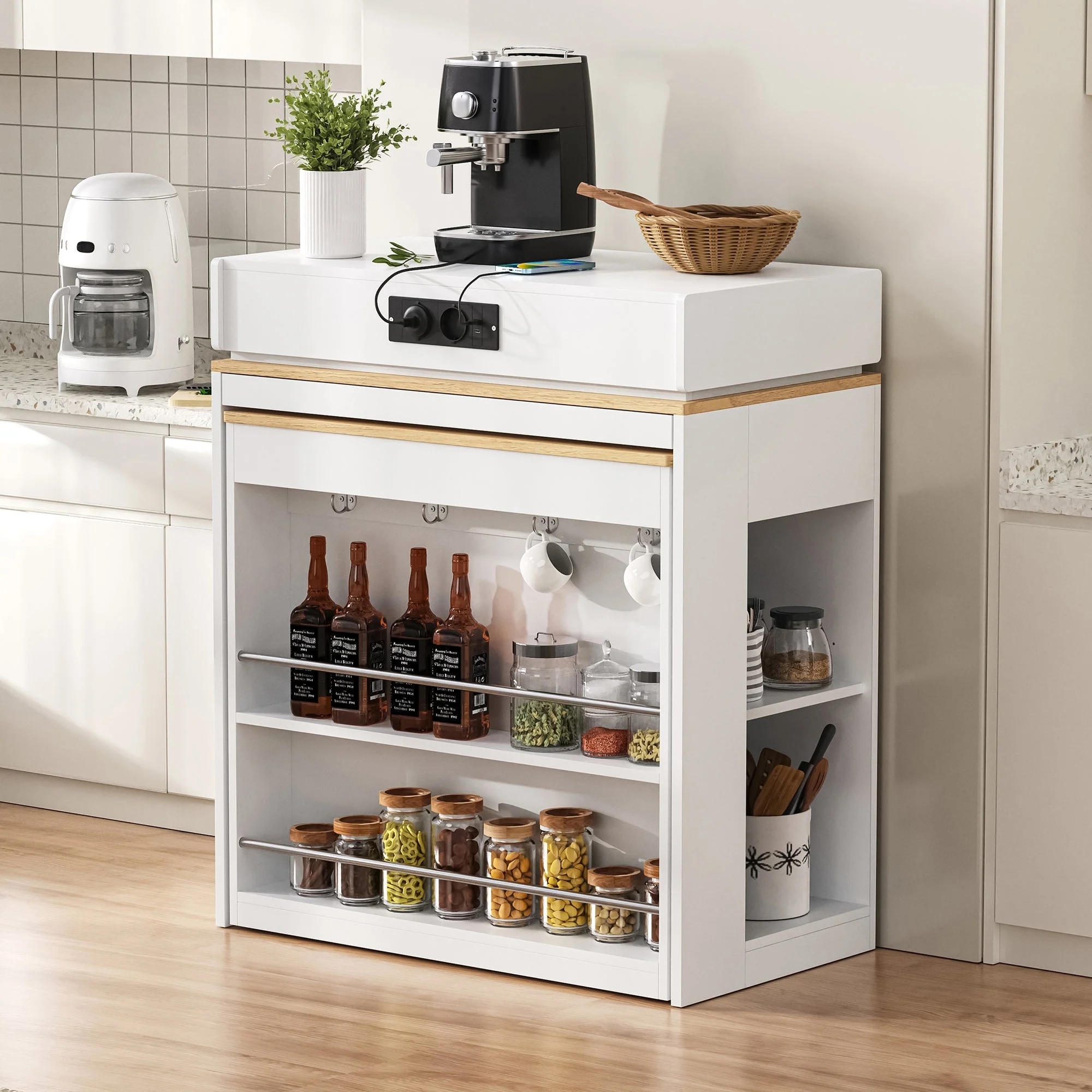 Kitchen Island with Wheels, Extendable Folding Tabletop, Power Strips & Hooks - White - Image 2