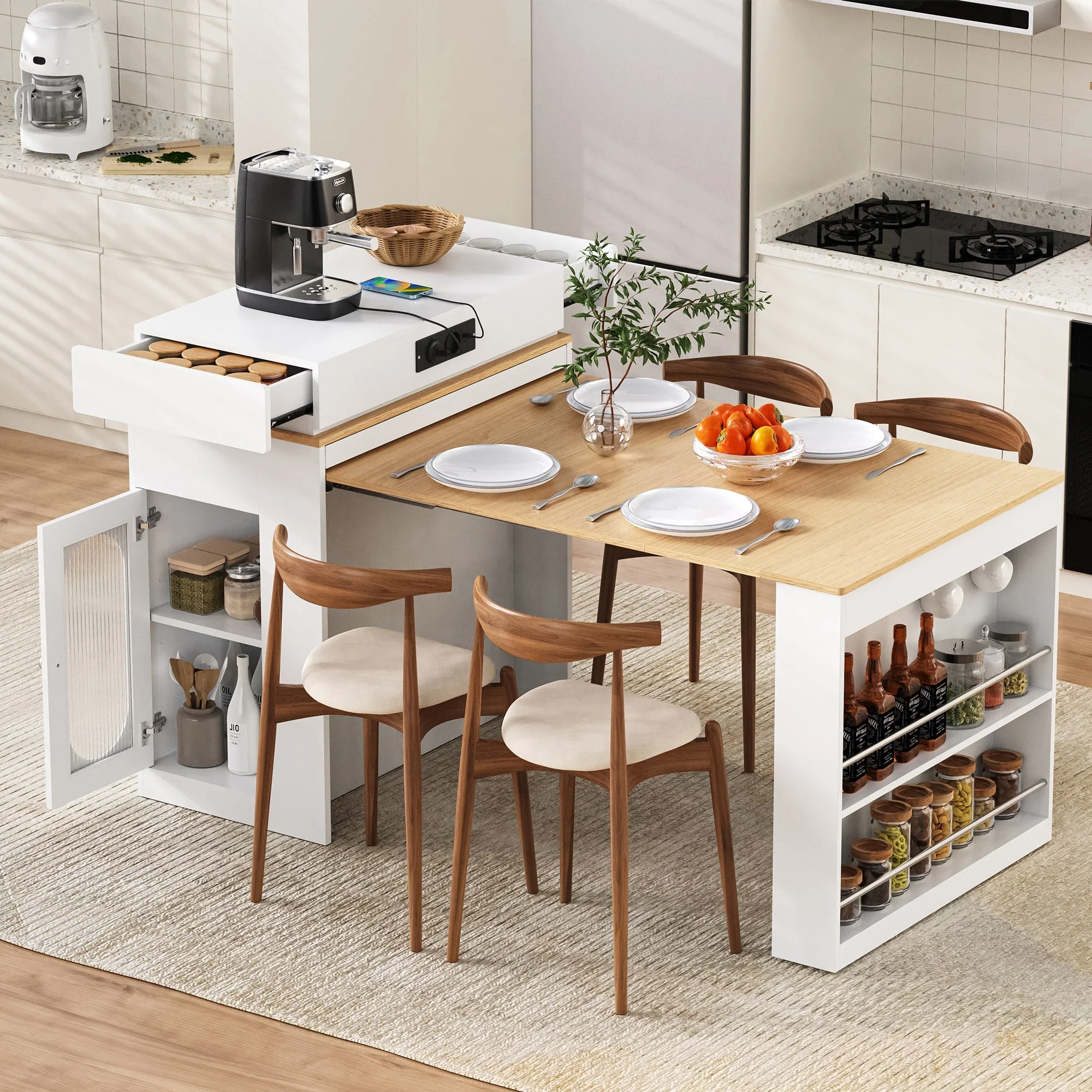 Kitchen Island with Wheels, Extendable Folding Tabletop, Power Strips & Hooks - White - Image 3