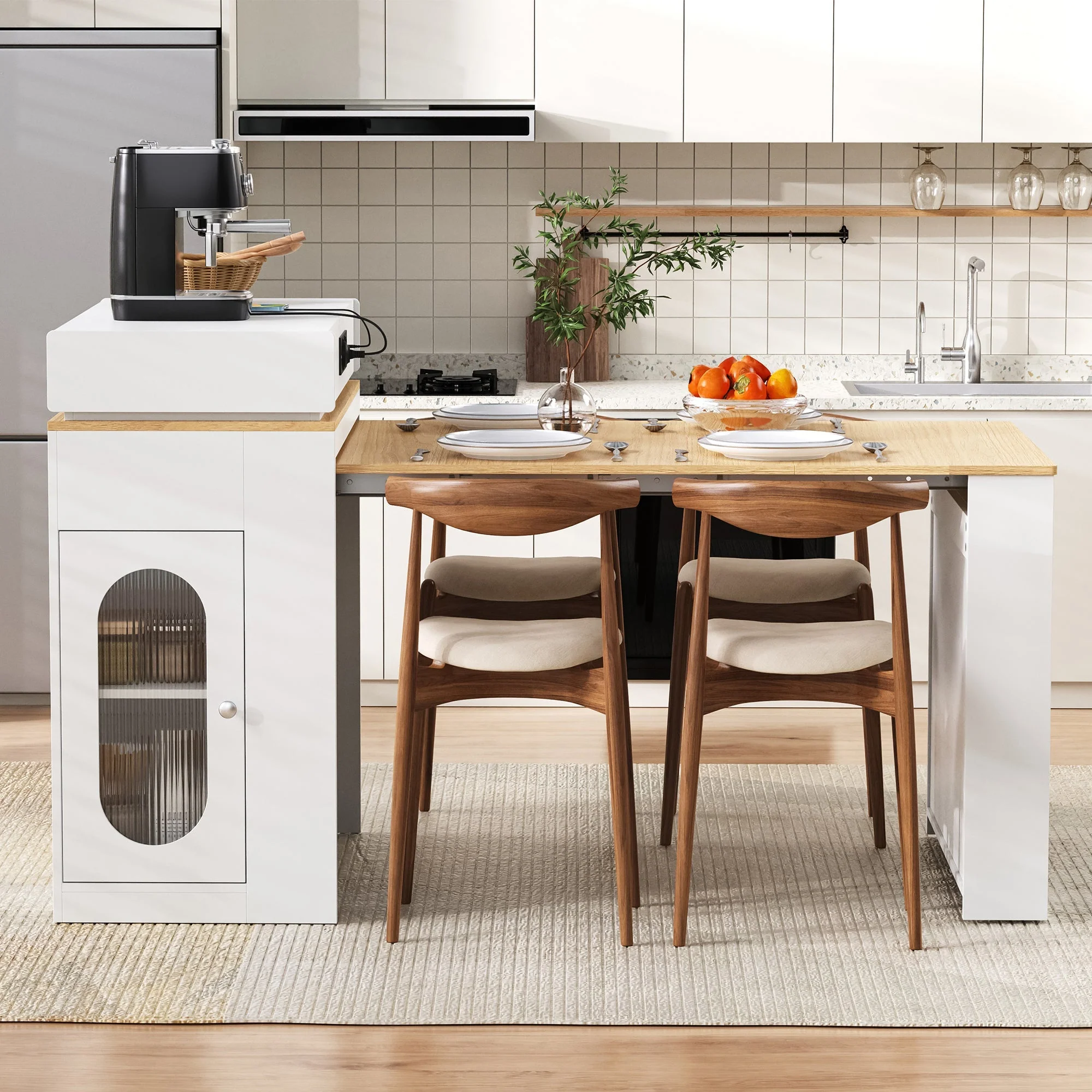 Kitchen Island with Wheels, Extendable Folding Tabletop, Power Strips & Hooks - White - Image 4